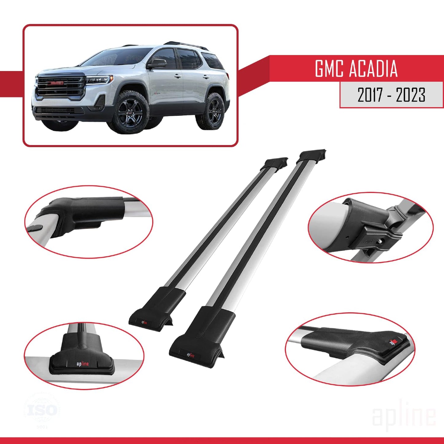 Compatible with GMC Acadia 2017-2023 Fly Model Car Roof Rack Cross Bar Grey Aluminium 2 Bars