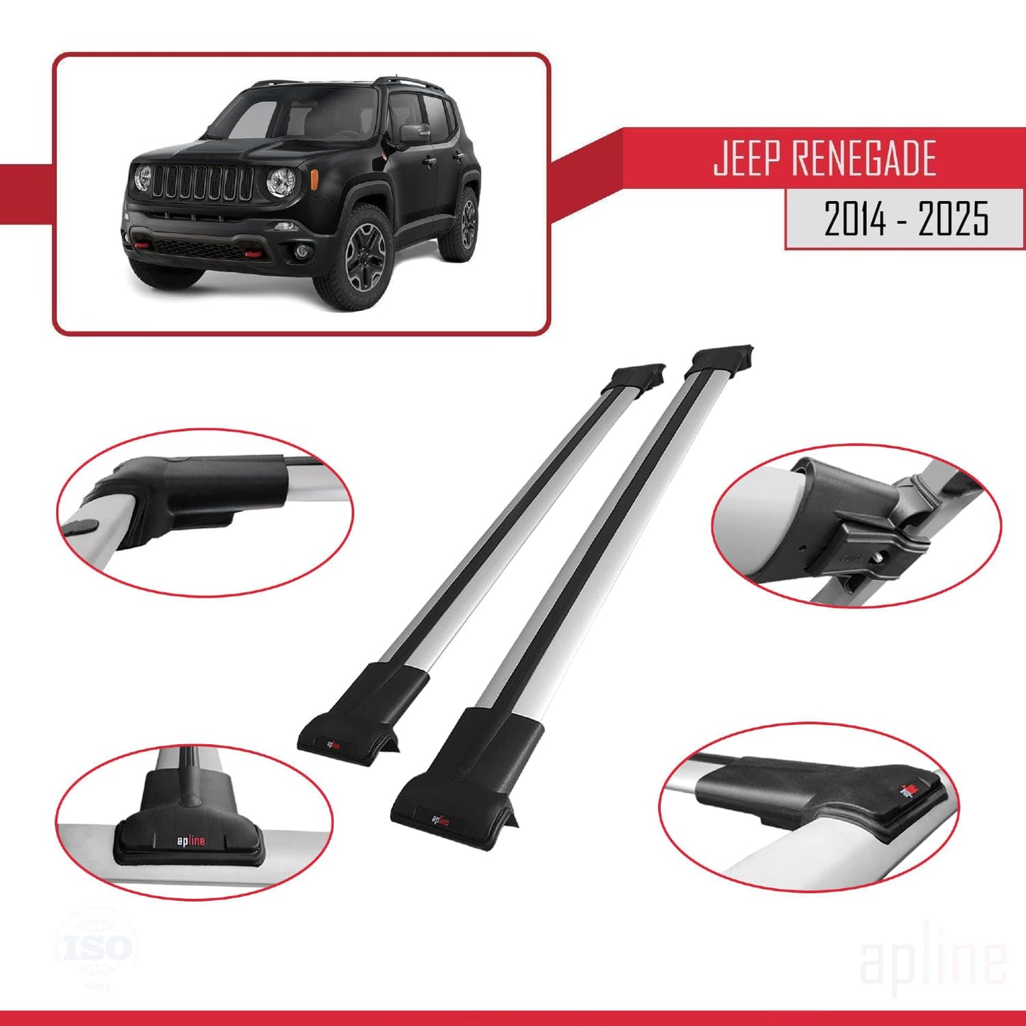 Compatible with Jeep Renegade (BU) 2014-2025 Fly Model Car Roof Rack Cross Bar Grey Aluminium 2 Bars