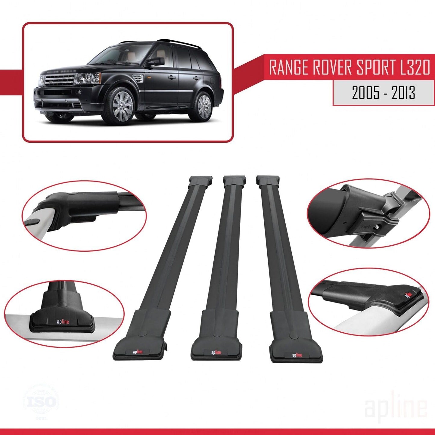 Compatible with Land Rover Range Rover Sport (L320) 2005-2013 Fly Model Car Roof Rack Cross Bar Black Aluminium 3 Bars