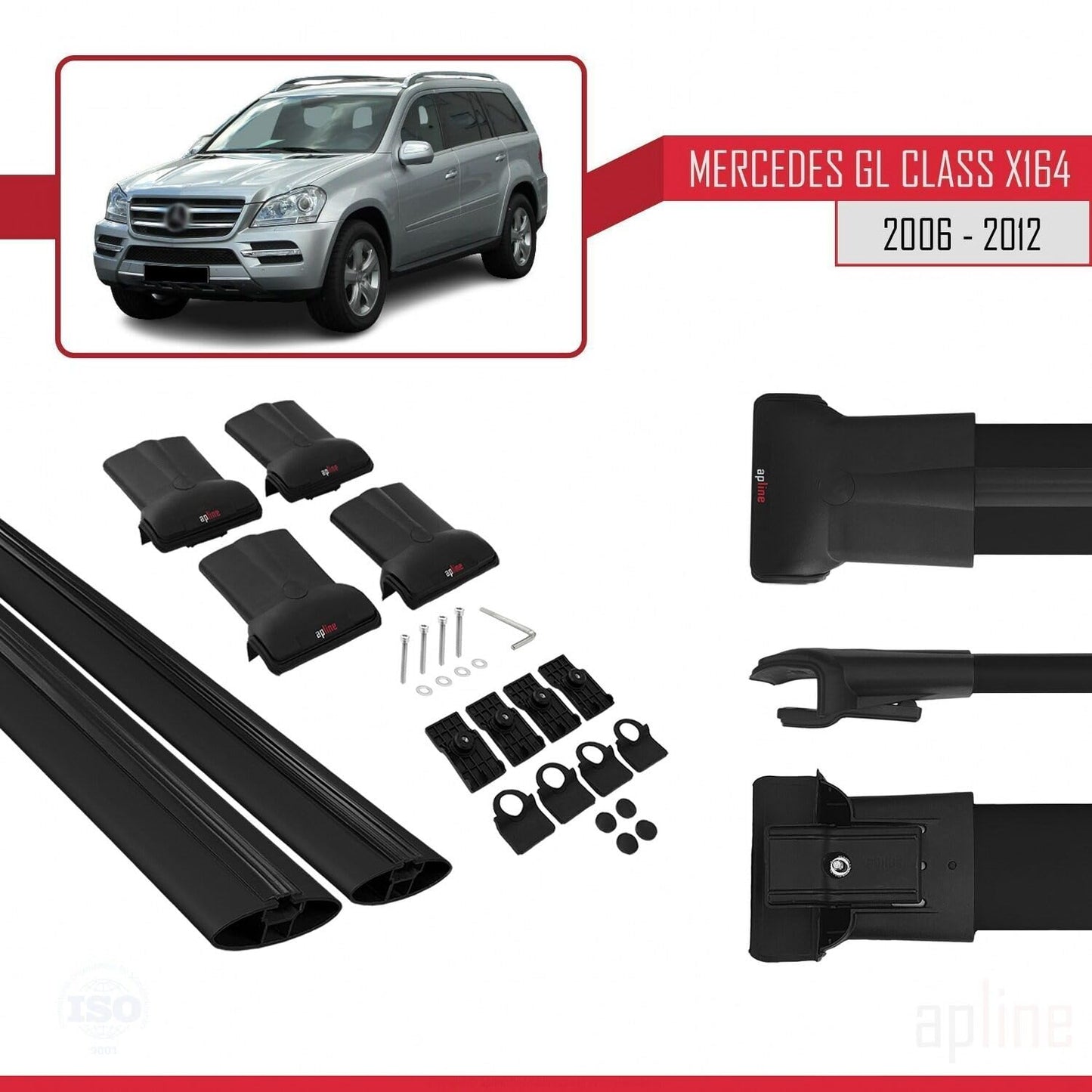 Compatible with Mercedes GL Class (X164) 2006-2012 Fly Model Car Roof Rack Cross Bar Black Aluminium 2 Bars