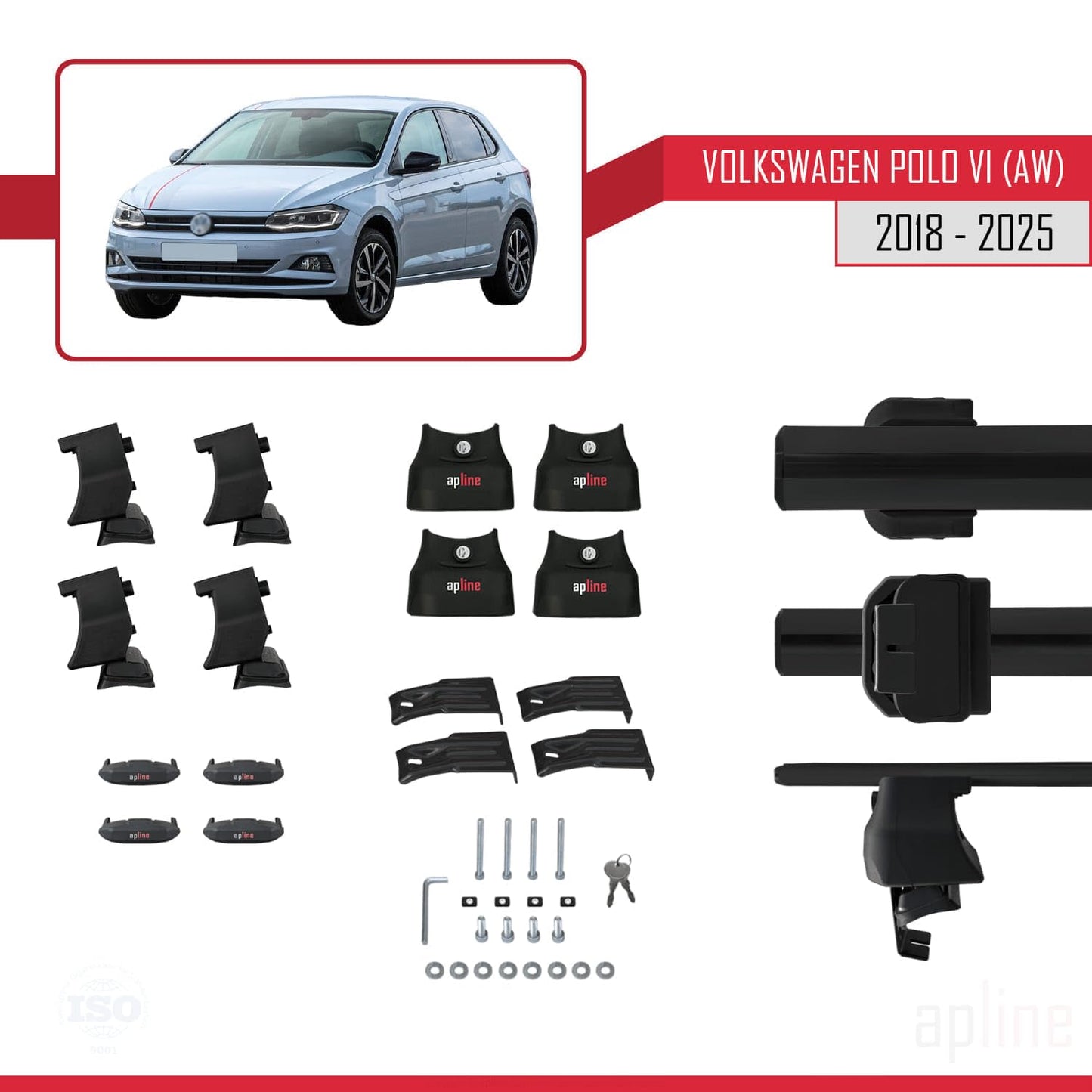 Compatible with Volkswagen Polo 6 (AW) 2018-2025 ACE-4 Car Roof Rack Cross Bar Black Aluminium 2 Bars