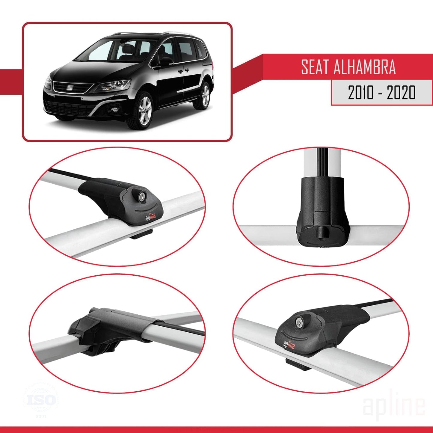 Compatible with Seat Alhambra 2 (7N) 2010-2020 ACE-1 Car Roof Rack Cross Bar Grey Aluminium 2 Bars