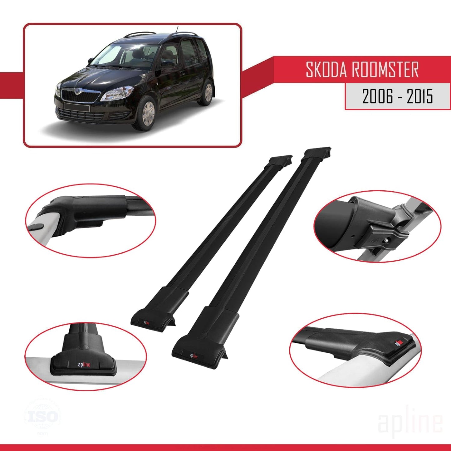 Compatible with Skoda Roomster 2006-2015 Fly Model Car Roof Rack Cross Bar Black Aluminium 2 Bars