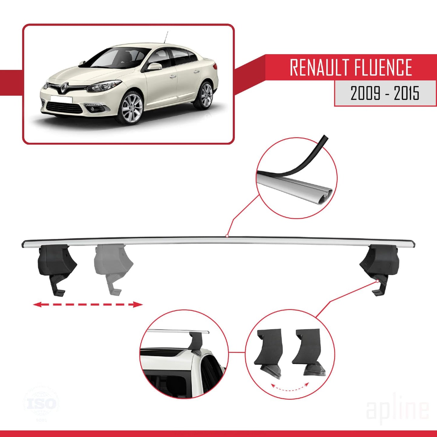 Compatible with Renault Fluence 2009-2015 ACE-4 Car Roof Rack Cross Bar Grey Aluminium 2 Bars