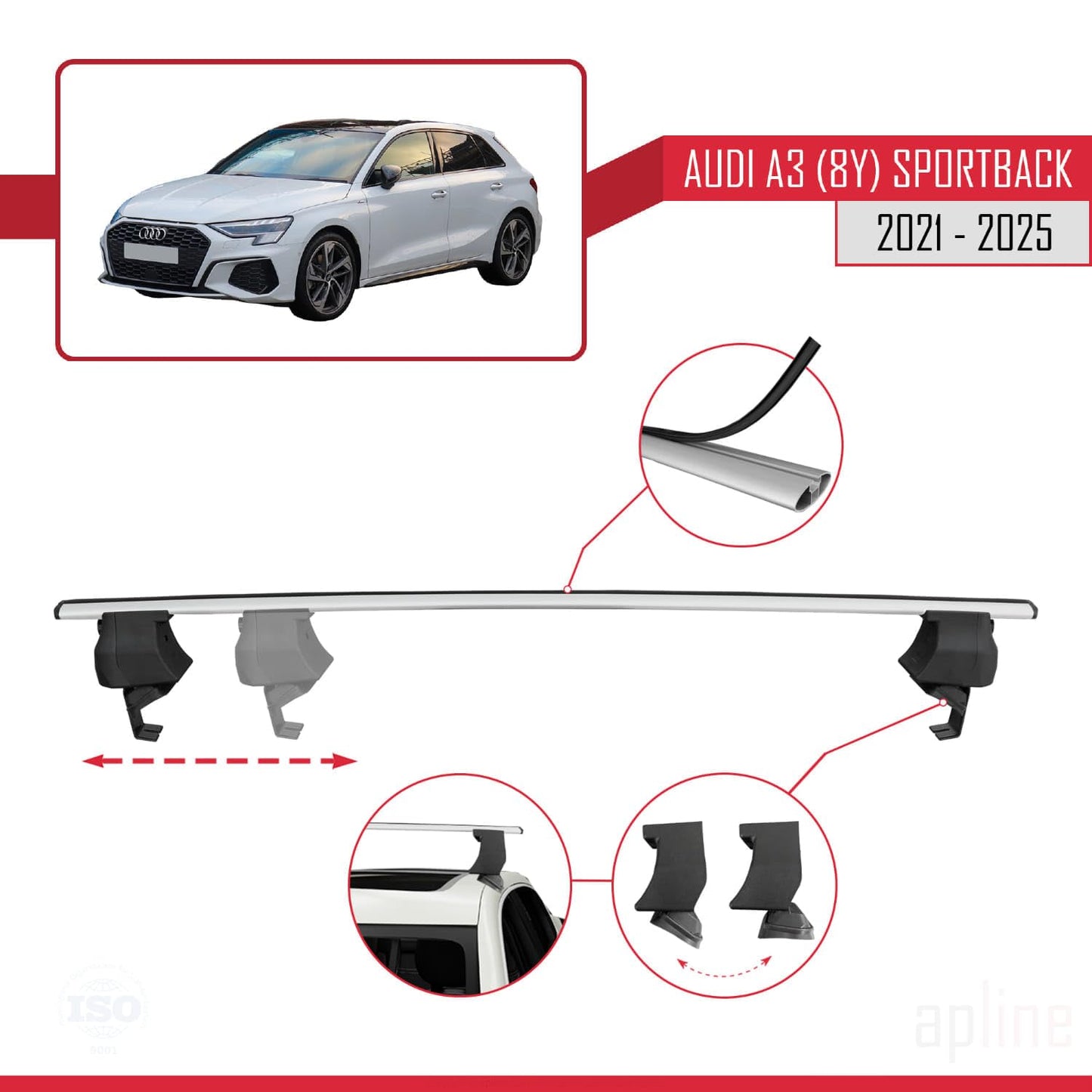 Compatible with Audi A3 (8Y) Sportback 2020-2025 ACE-4 Car Roof Rack Cross Bar Grey Aluminium 2 Bars