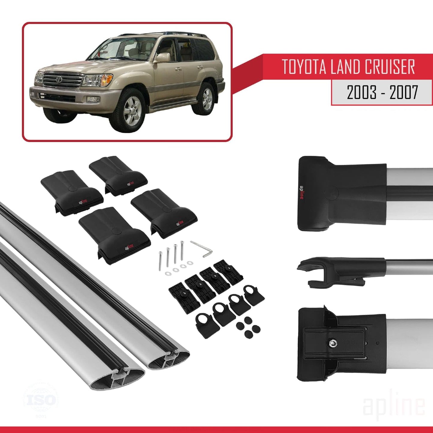 Compatible with Toyota Land Cruiser (J100) 2003-2007 Fly Model Car Roof Rack Cross Bar Grey Aluminium 2 Bars