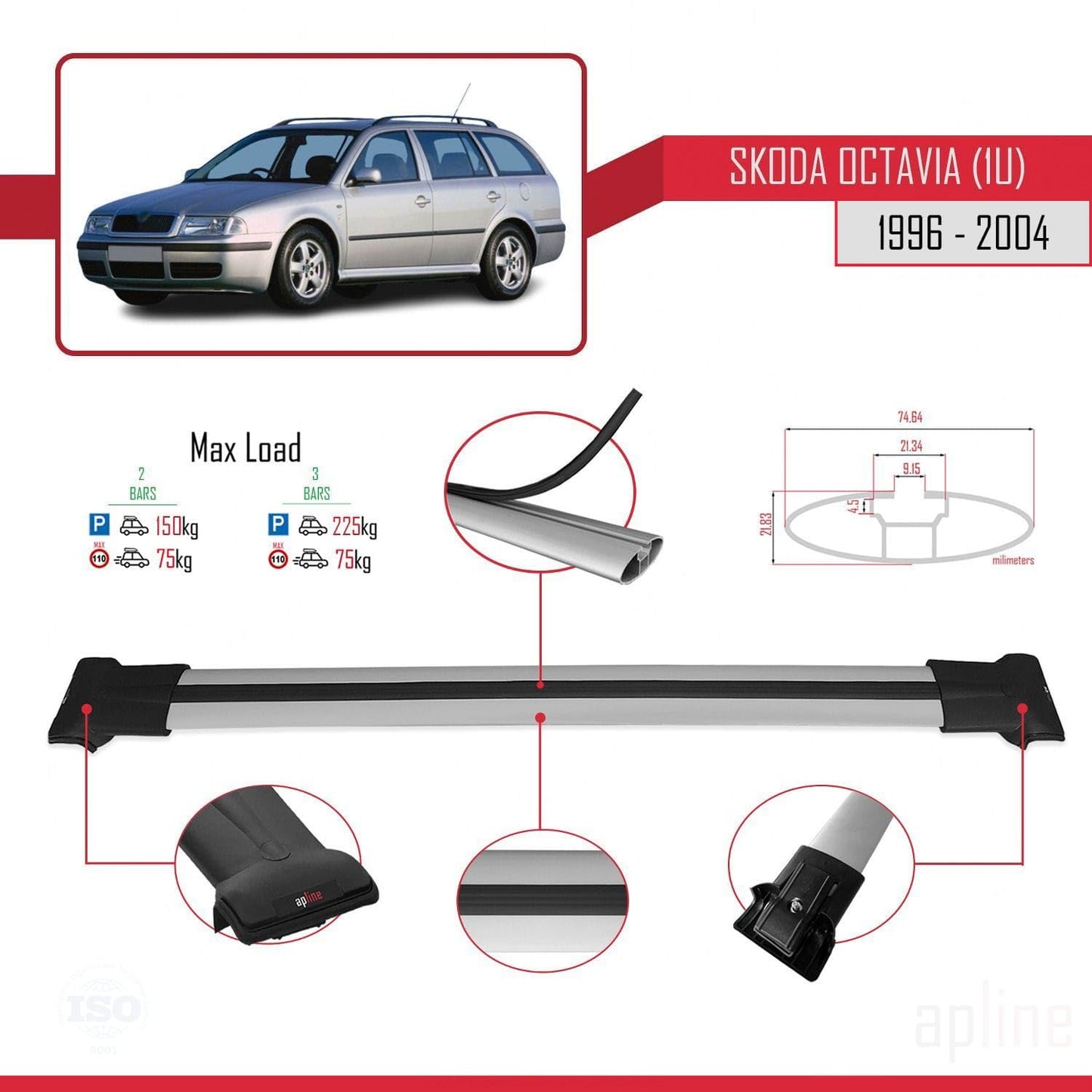 Compatible with Skoda Octavia (1U) 1996-2004 Fly Model Car Roof Rack Cross Bar Grey Aluminium 2 Bars
