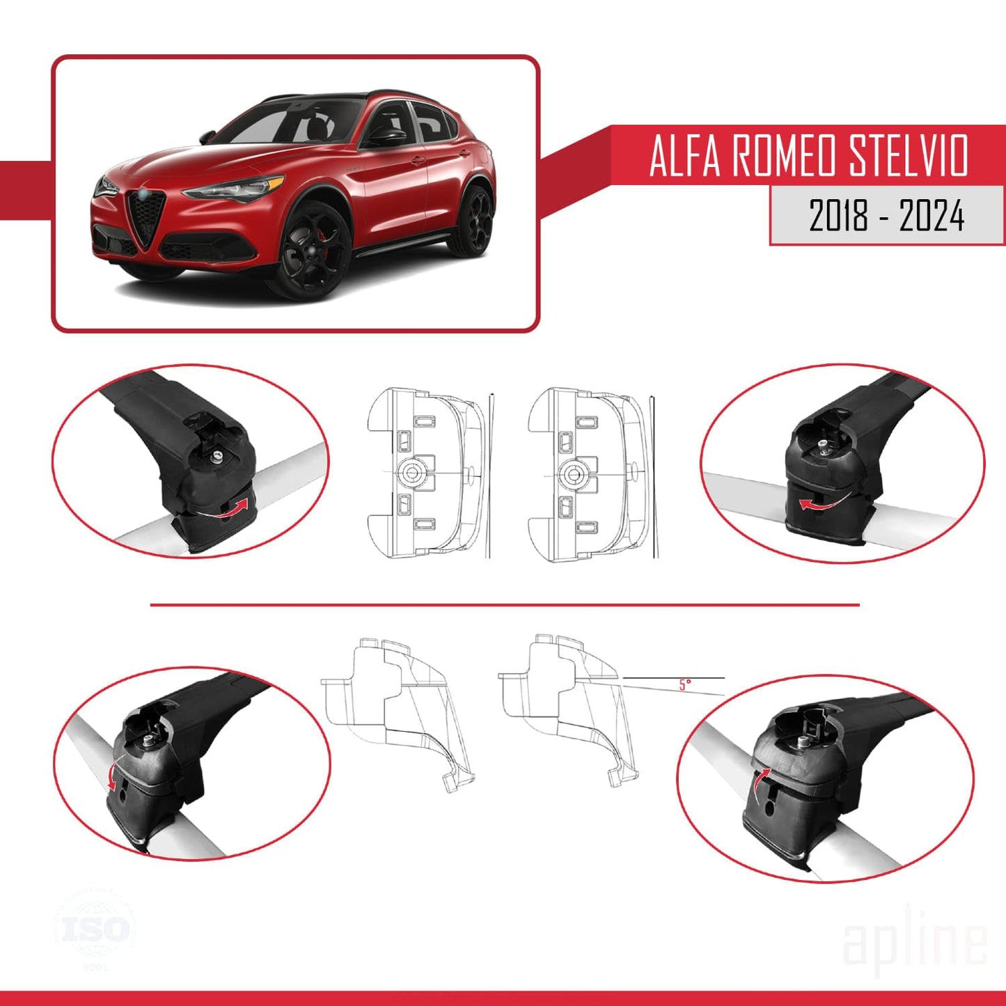 Compatible with Alfa Romeo Stelvio 2018-2024 ACE-2 Car Roof Rack Cross Bar Black Aluminium 2 Bars