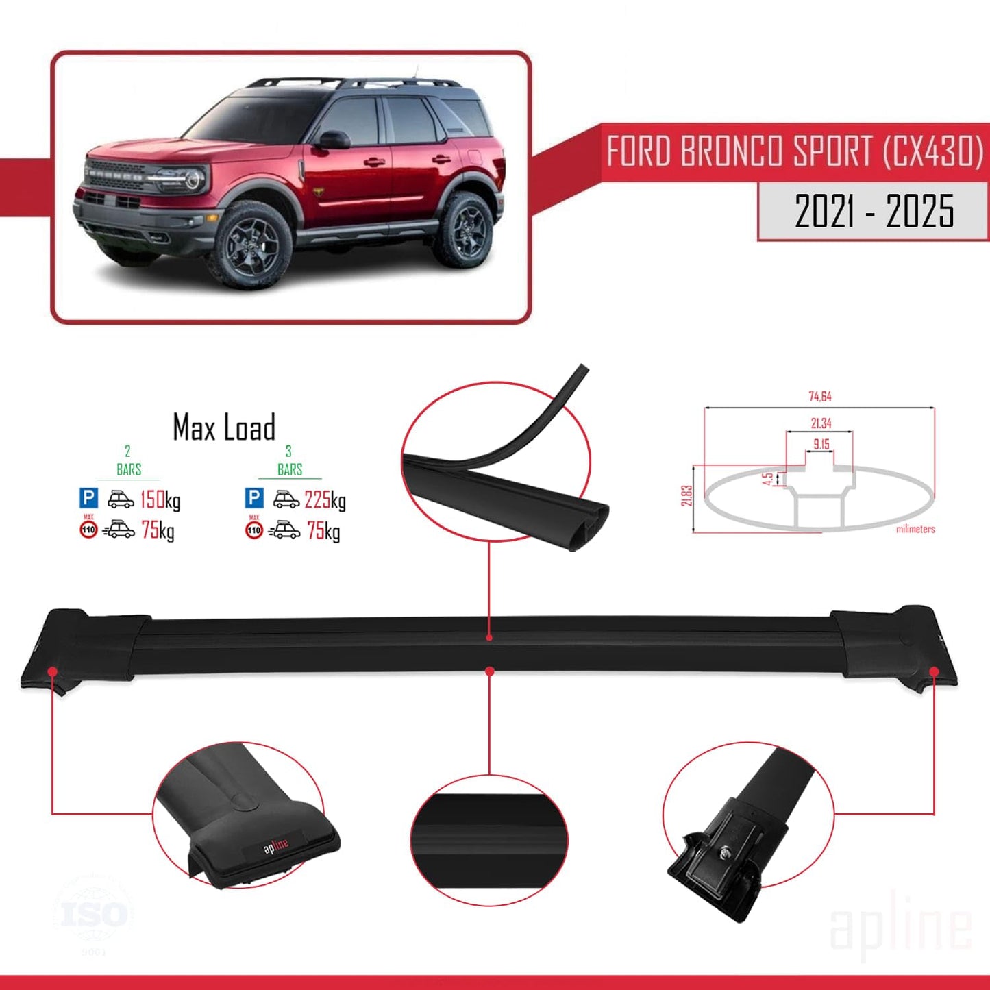 Compatible with Ford Bronco Sport (CX430) 2021-2025 Fly Model Car Roof Rack Cross Bar Black Aluminium 2 Bars