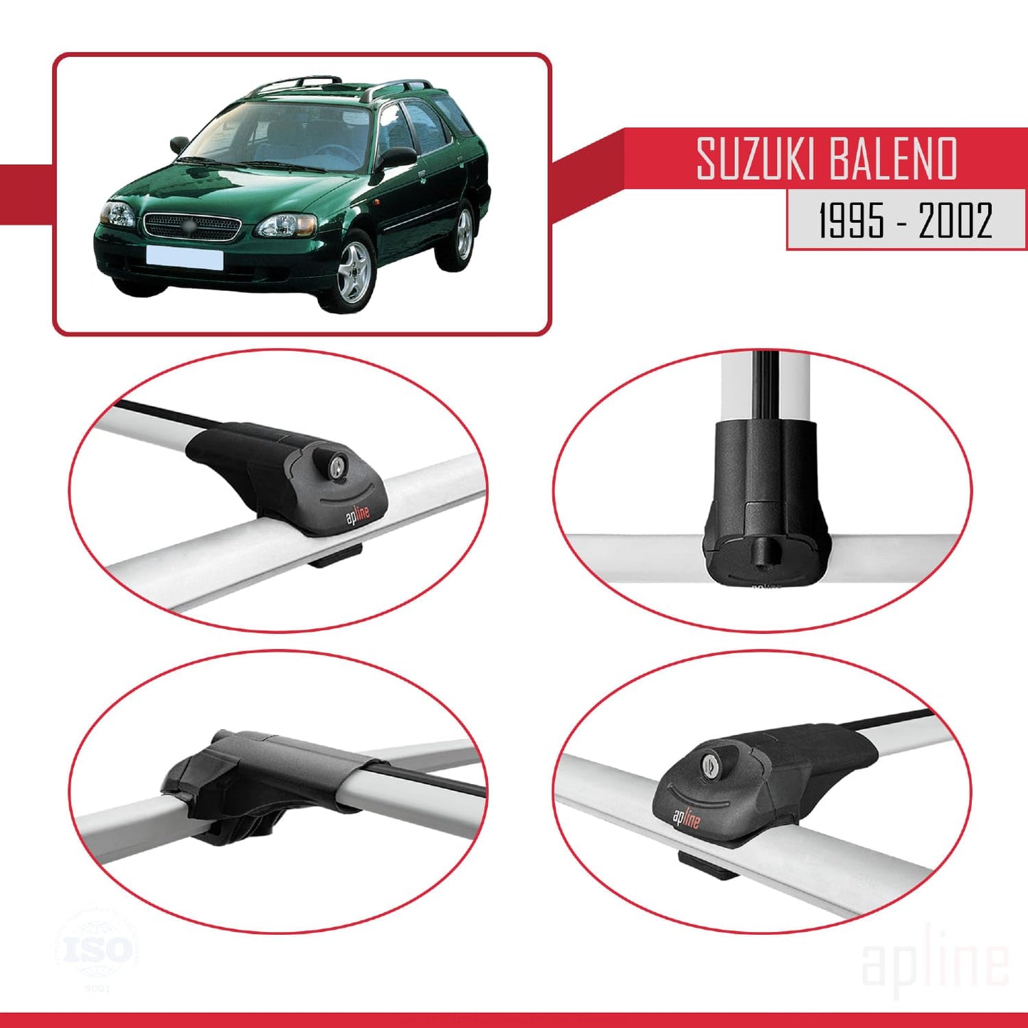 Compatible with Suzuki Baleno 1995-2002 ACE-1 Car Roof Rack Cross Bar Grey Aluminium 3 Bars