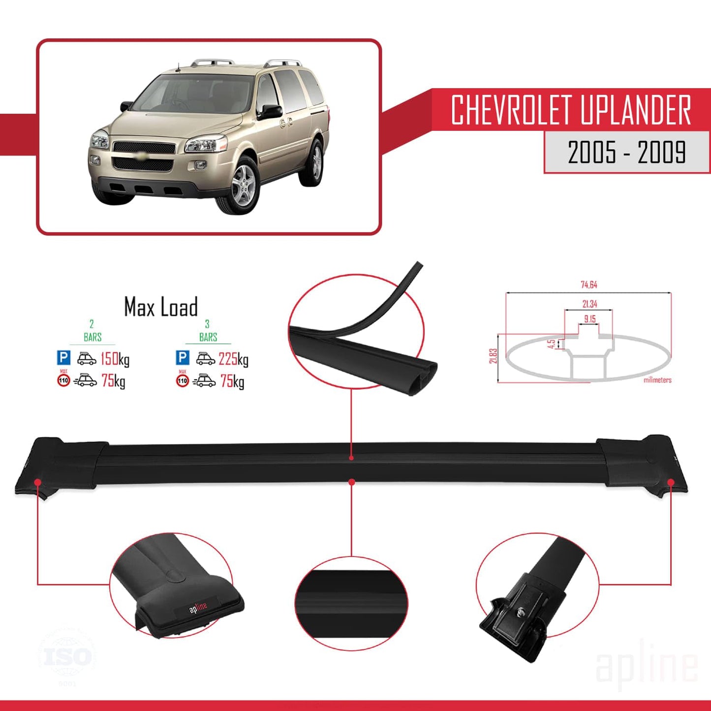 Compatible with Chevrolet Uplander 2005-2009 Fly Model Car Roof Rack Cross Bar Black Aluminium 2 Bars