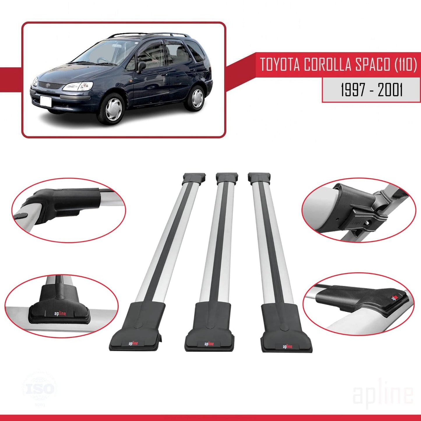 Compatible with Toyota Corolla Spacio (E110) 1997-2001 Fly Model Car Roof Rack Cross Bar Grey Aluminium 3 Bars