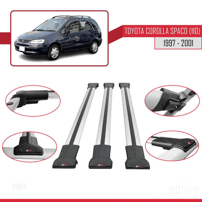 Compatible with Toyota Corolla Spacio (E110) 1997-2001 Fly Model Car Roof Rack Cross Bar Grey Aluminium 3 Bars
