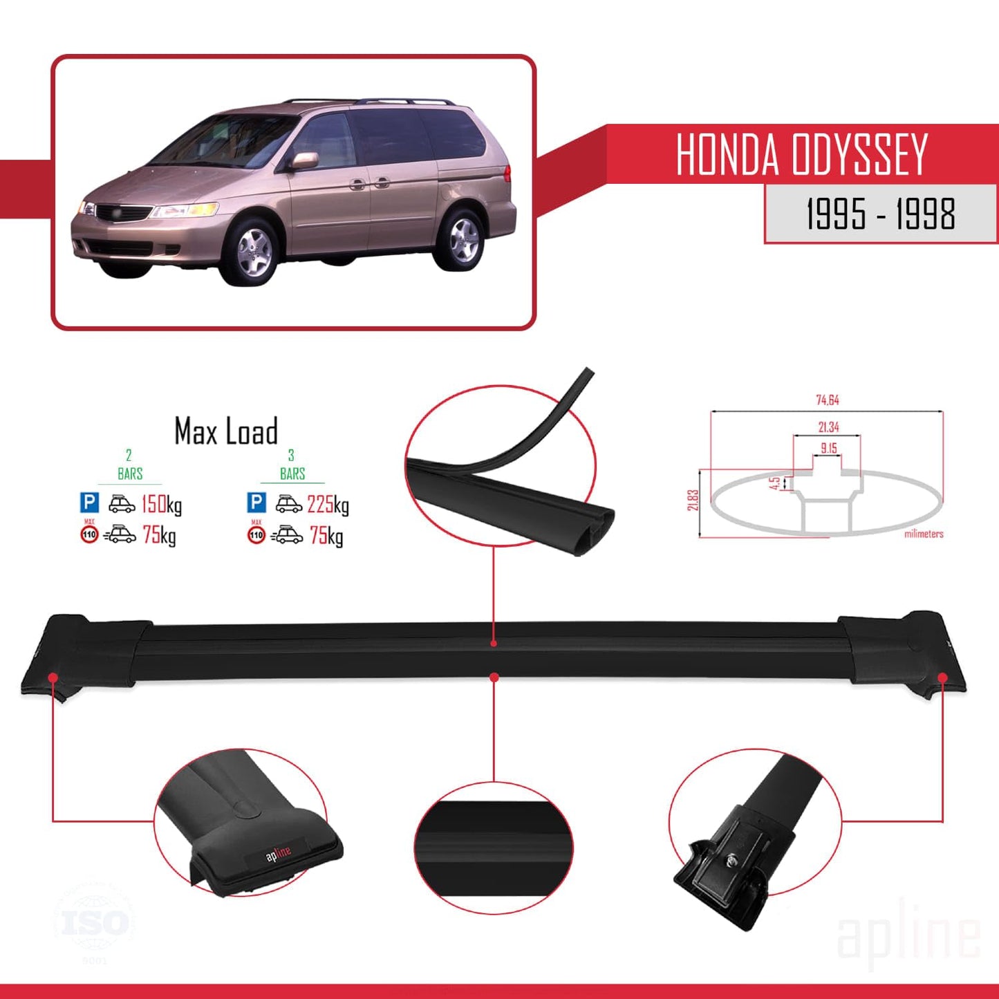Compatible with Honda Odyssey 1995-1998 Fly Model Car Roof Rack Cross Bar Black Aluminium 2 Bars
