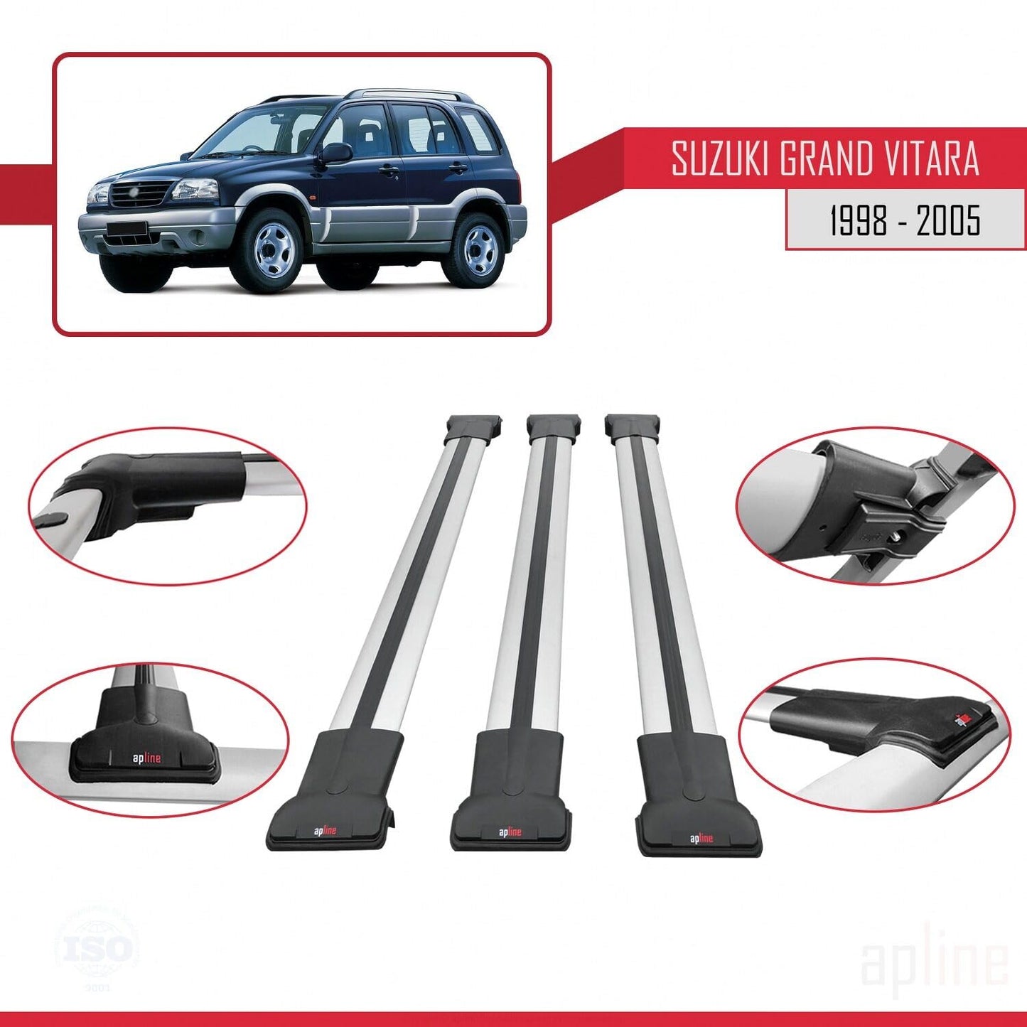 Compatible with Suzuki Grand Vitara (FT) 1998-2005 Fly Model Car Roof Rack Cross Bar Grey Aluminium 3 Bars