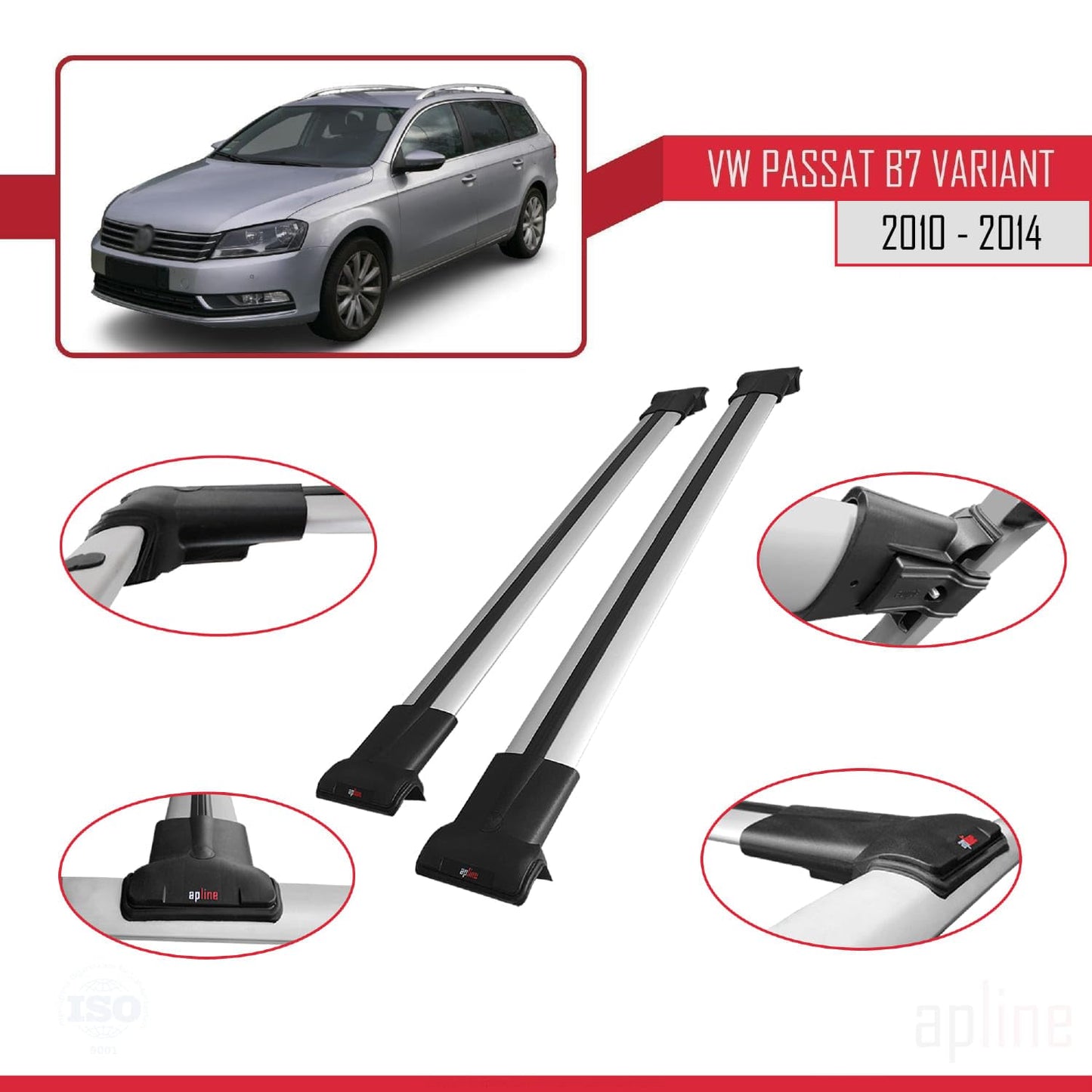 Compatible with Volkswagen Passat B7 (3C) Variant 2010-2014 Fly Model Car Roof Rack Cross Bar Grey Aluminium 2 Bars