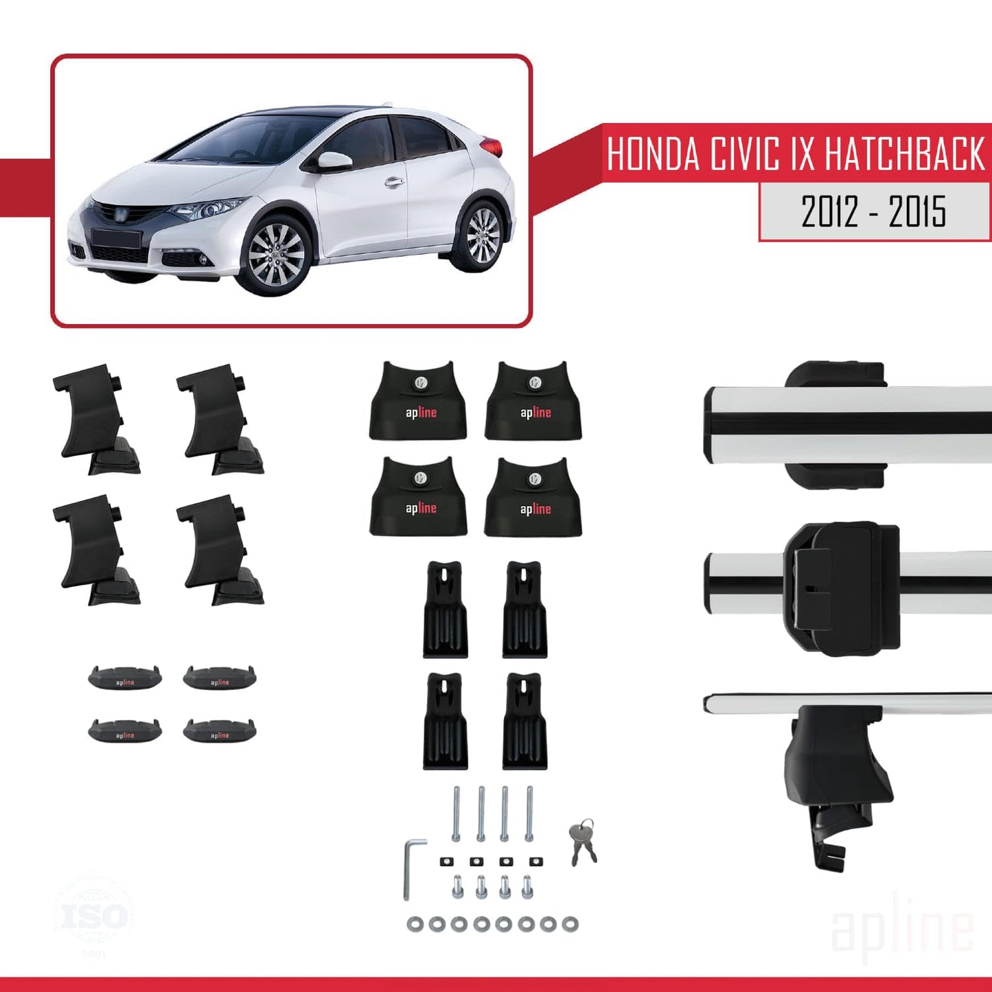Compatible with Honda Civic 9 (FK) HB 2012-2015 ACE-4 Car Roof Rack Cross Bar Grey Aluminium 2 Bars