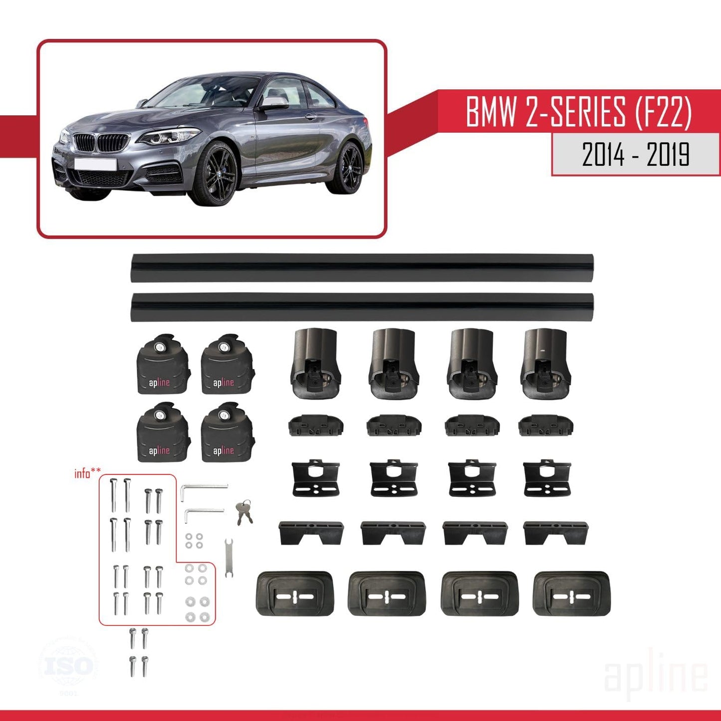 Compatible with BMW 2 Series (F22) 2014-2019 ACE-3 Car Roof Rack Cross Bar Black Aluminium 2 Bars