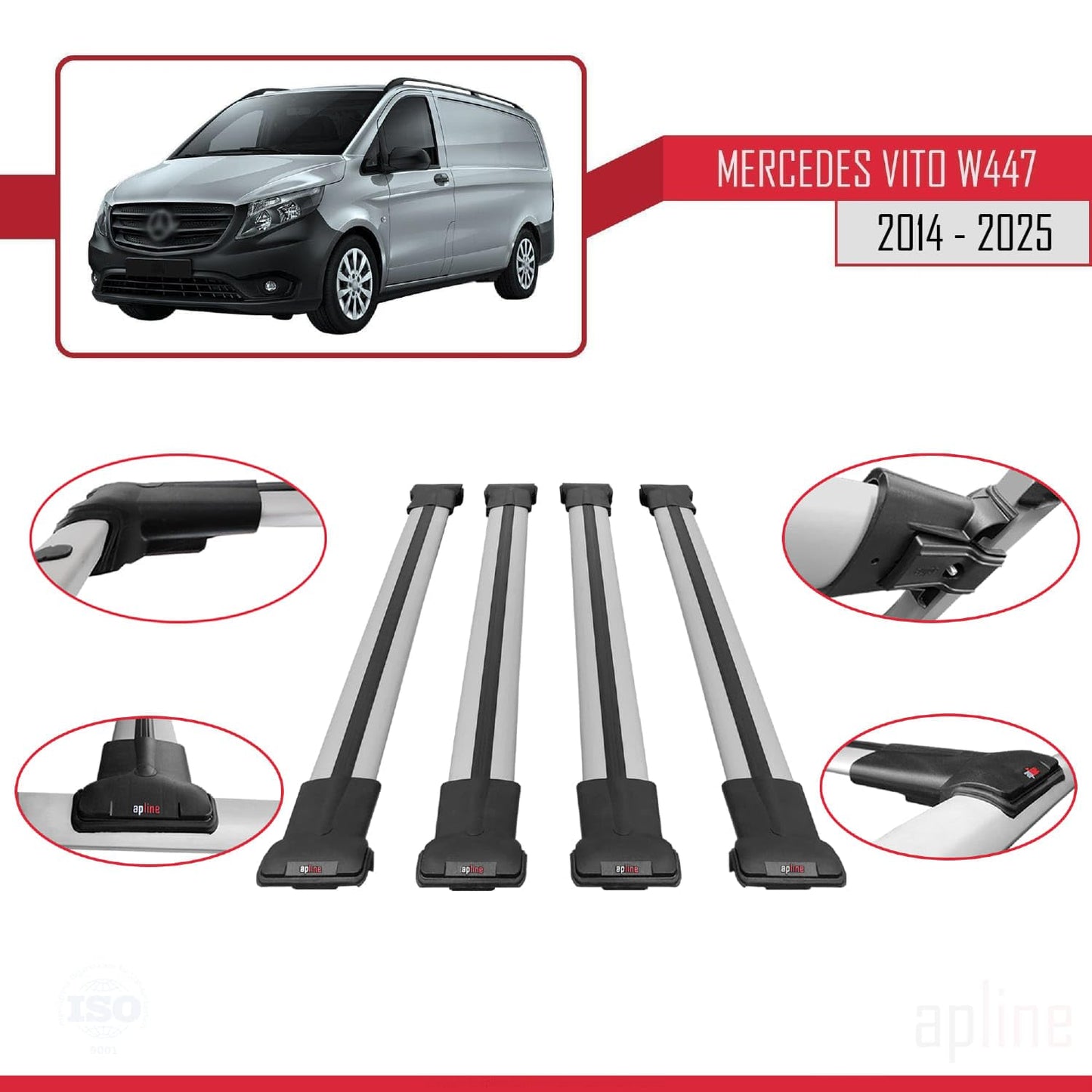 Compatible with Mercedes Vito 3 (W447) 2014-2025 Fly Model Car Roof Rack Cross Bar Grey Aluminium 4 Bars