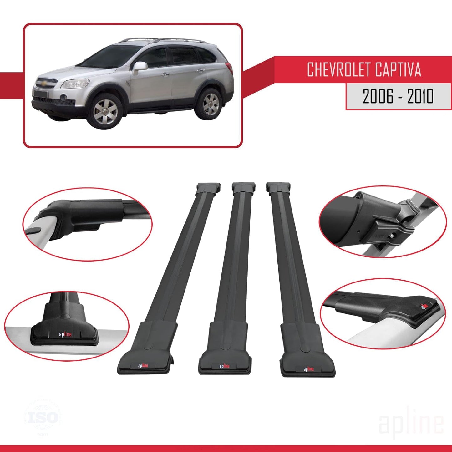 Compatible with Chevrolet Captiva 2006-2010 Fly Model Car Roof Rack Cross Bar Black Aluminium 3 Bars