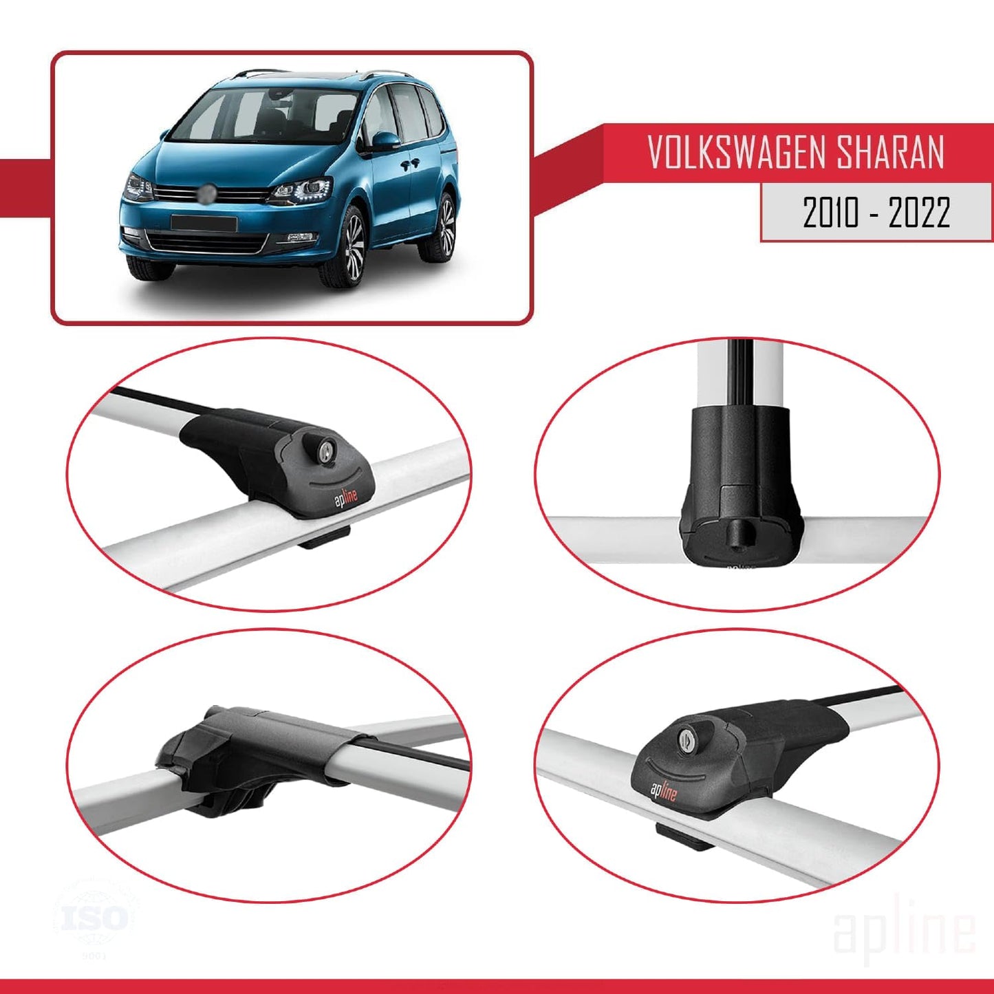 Compatible with Volkswagen Sharan 2 (7N) 2010-2022 ACE-1 Car Roof Rack Cross Bar Grey Aluminium 2 Bars