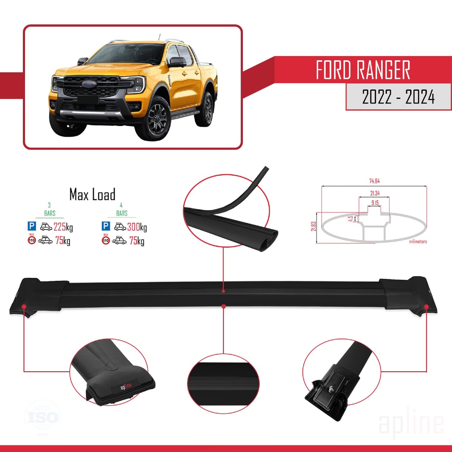 Compatible with Ford Ranger (P703) 2022-2024 Fly Model Car Roof Rack Cross Bar Black Aluminium 3 Bars