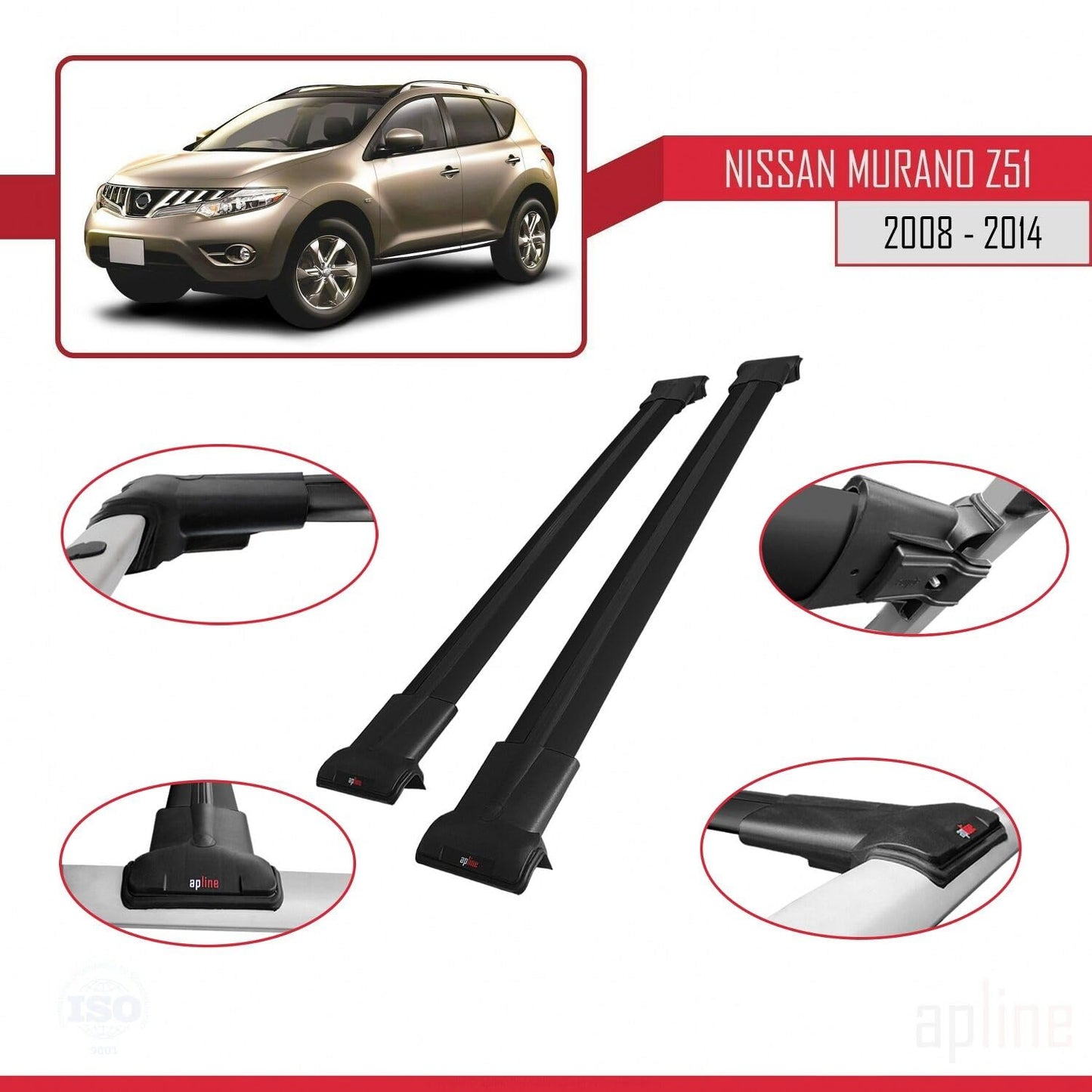 Compatible with Nissan Murano 2 (Z51) 2008-2014 Fly Model Car Roof Rack Cross Bar Black Aluminium 2 Bars