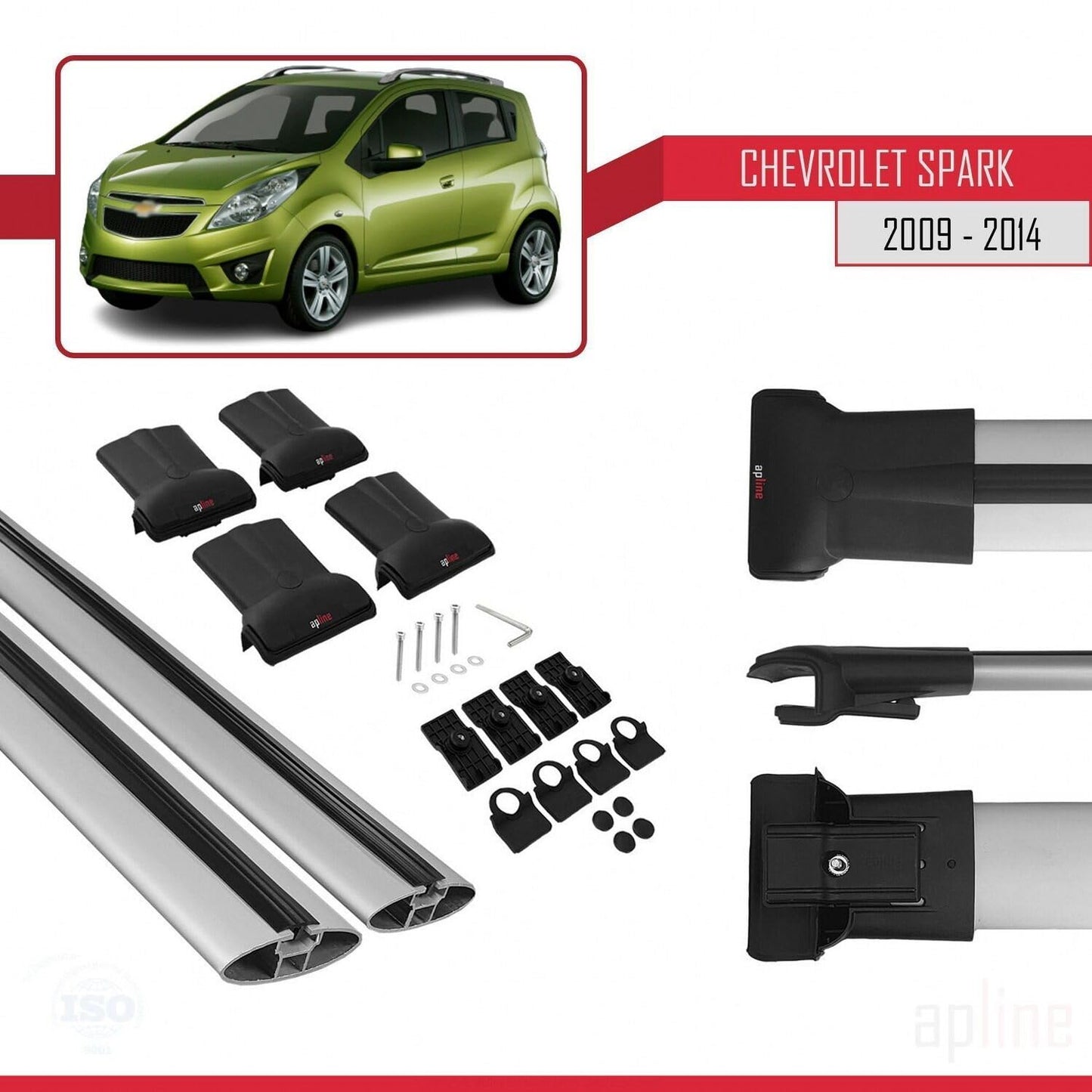 Compatible with Chevrolet Spark (M300) 2009-2014 Fly Model Car Roof Rack Cross Bar Grey Aluminium 2 Bars