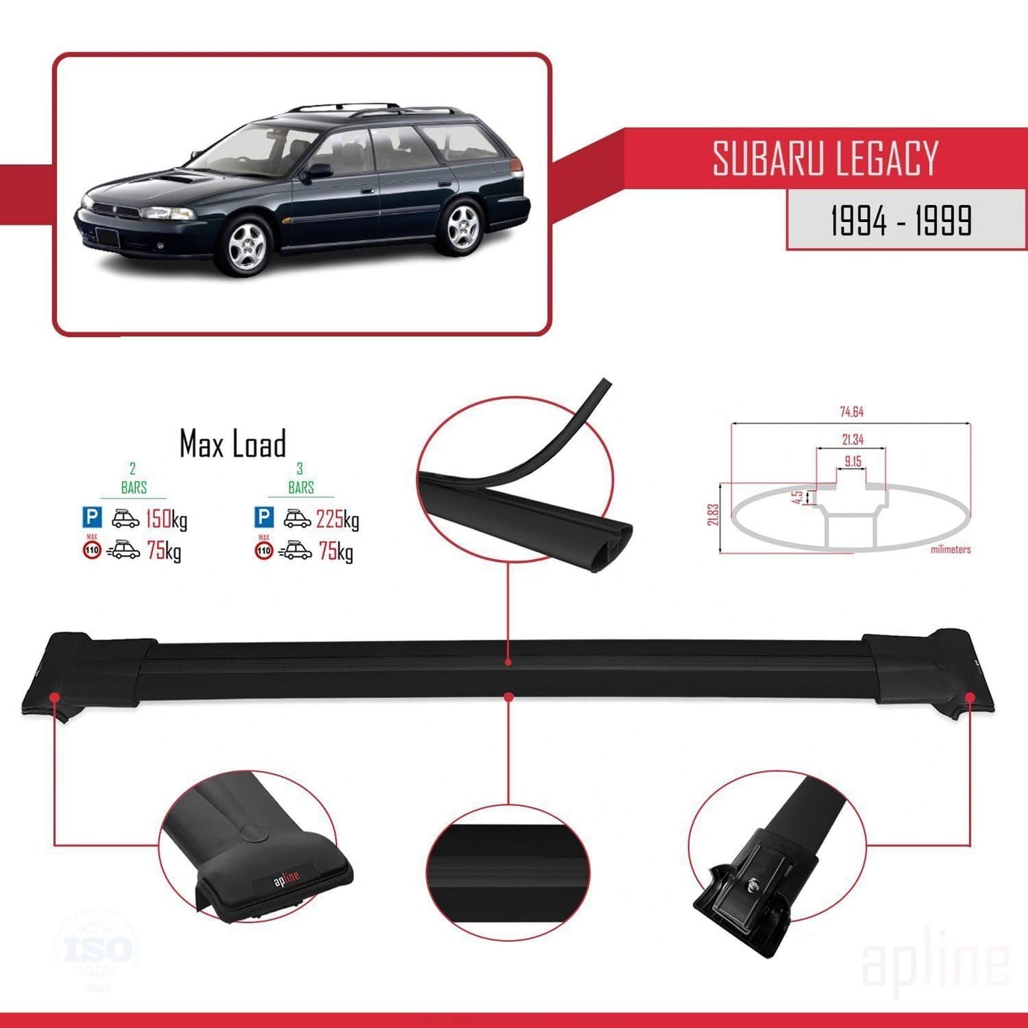 Compatible with Subaru Legacy 2 (BD) 1994-1999 Fly Model Car Roof Rack Cross Bar Black Aluminium 2 Bars