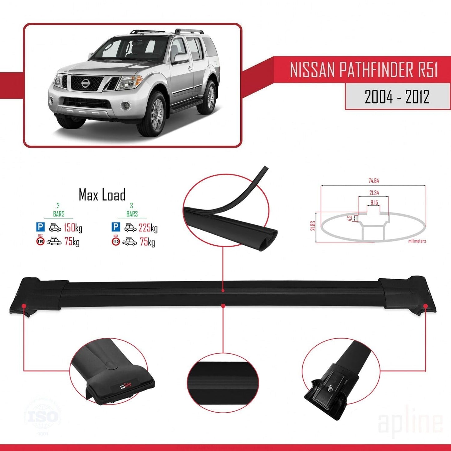 Compatible with Nissan Pathfinder 3 (R51) 2004-2012 Fly Model Car Roof Rack Cross Bar Black Aluminium 2 Bars