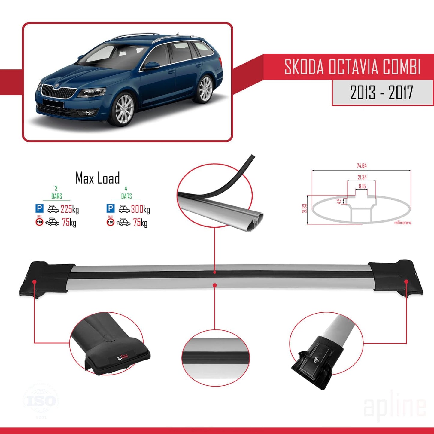 Compatible with Skoda Octavia 3 (5E) SW Pre-Facelift 2013-2017 Fly Model Car Roof Rack Cross Bar Grey Aluminium 3 Bars