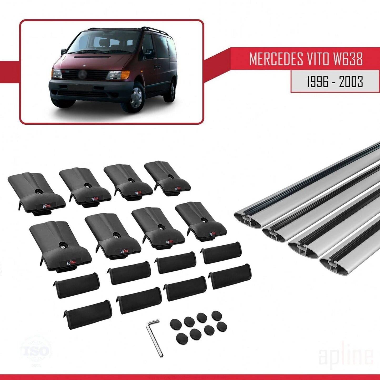 Compatible with Mercedes Vito (W638) 1996-2003 Fly Model Car Roof Rack Cross Bar Grey Aluminium 4 Bars