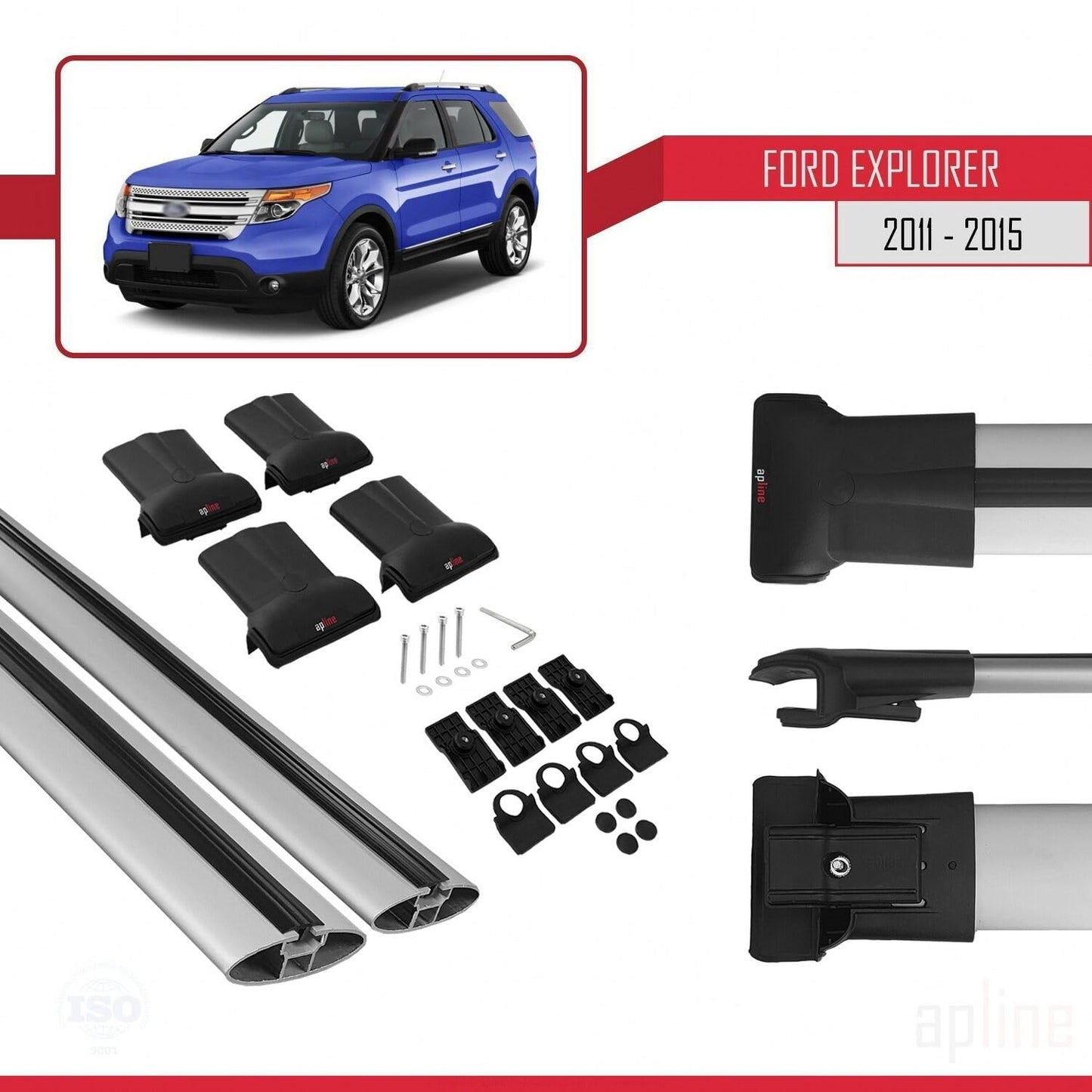 Compatible with Ford Explorer 5 (U502) Pre-Facelift 2011-2015 Fly Model Car Roof Rack Cross Bar Grey Aluminium 2 Bars