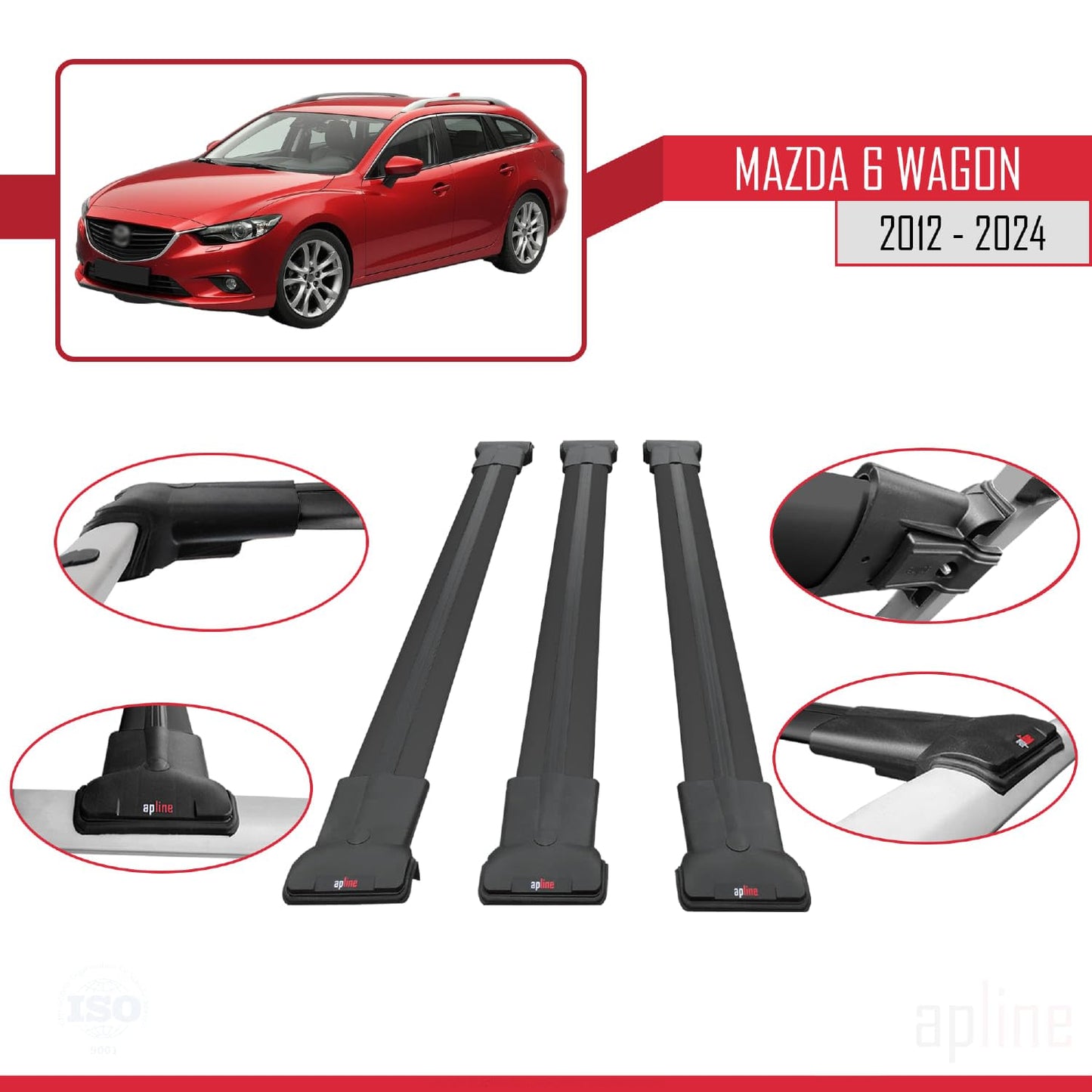 Compatible with Mazda 6 Wagon 2012-2024 Fly Model Car Roof Rack Cross Bar Black Aluminium 3 Bars