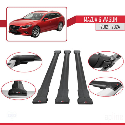 Compatible with Mazda 6 Wagon 2012-2024 Fly Model Car Roof Rack Cross Bar Black Aluminium 3 Bars