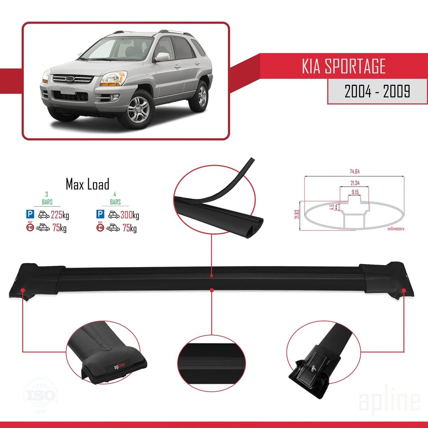 Compatible with Kia Sportage 2 (JE) 2004-2009 Fly Model Car Roof Rack Cross Bar Black Aluminium 3 Bars