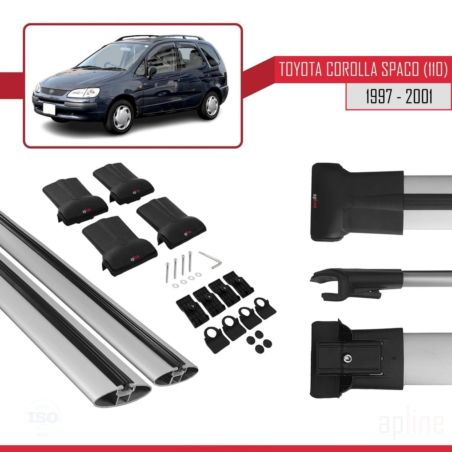 Compatible with Toyota Corolla Spacio (E110) 1997-2001 Fly Model Car Roof Rack Cross Bar Grey Aluminium 2 Bars