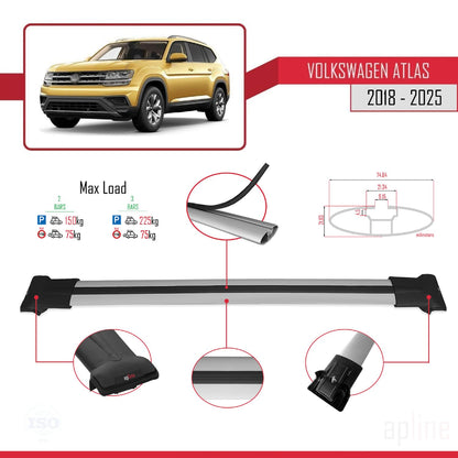 Compatible with Volkswagen Atlas (CA1) 2018-2025 Fly Model Car Roof Rack Cross Bar Grey Aluminium 2 Bars