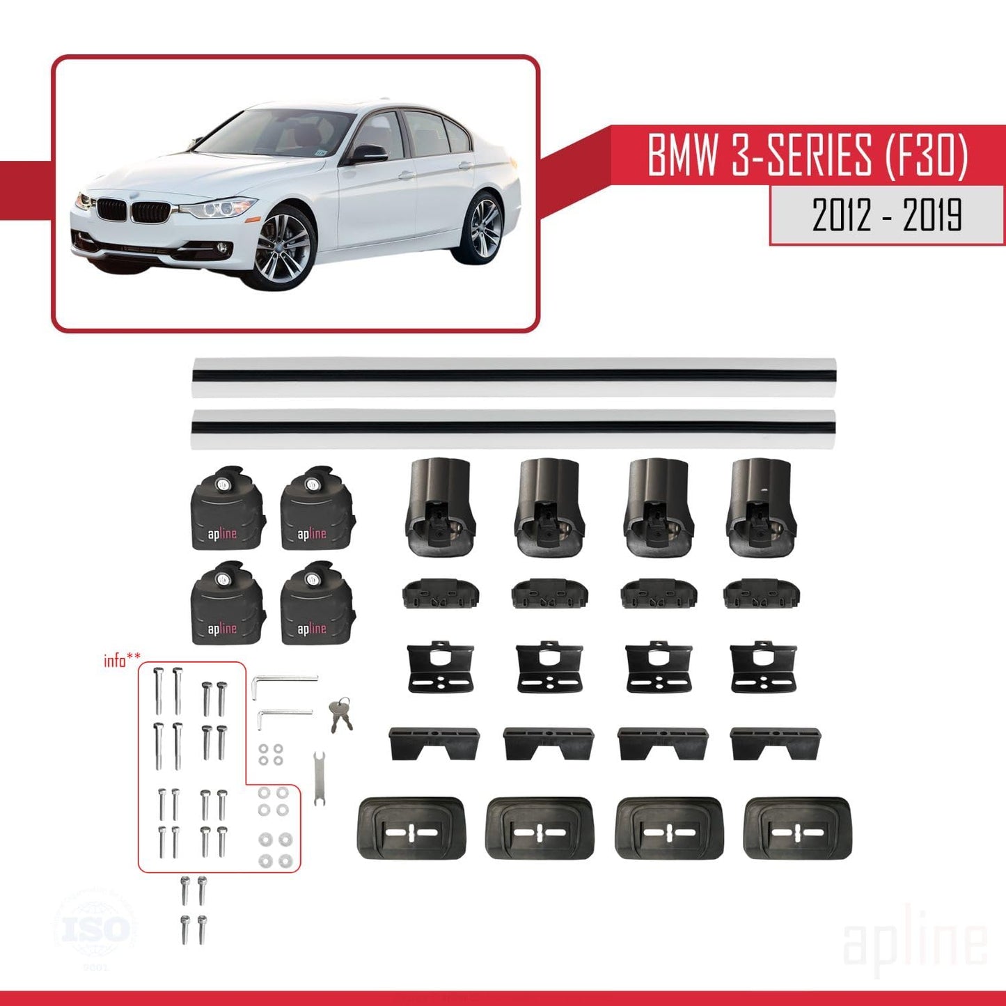 Compatible with BMW 3 Series (F30) 2012-2019 ACE-3 Car Roof Rack Cross Bar Grey Aluminium 2 Bars