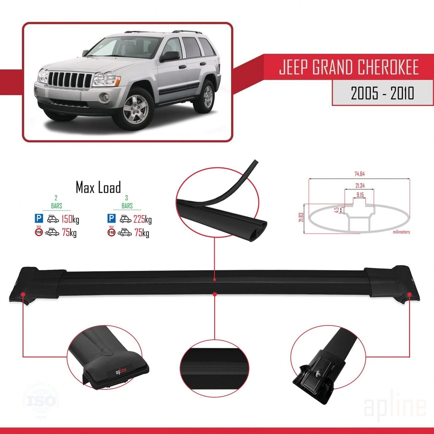 Compatible with Jeep Grand Cherokee 3 (WK) 2005-2010 Fly Model Car Roof Rack Cross Bar Black Aluminium 2 Bars