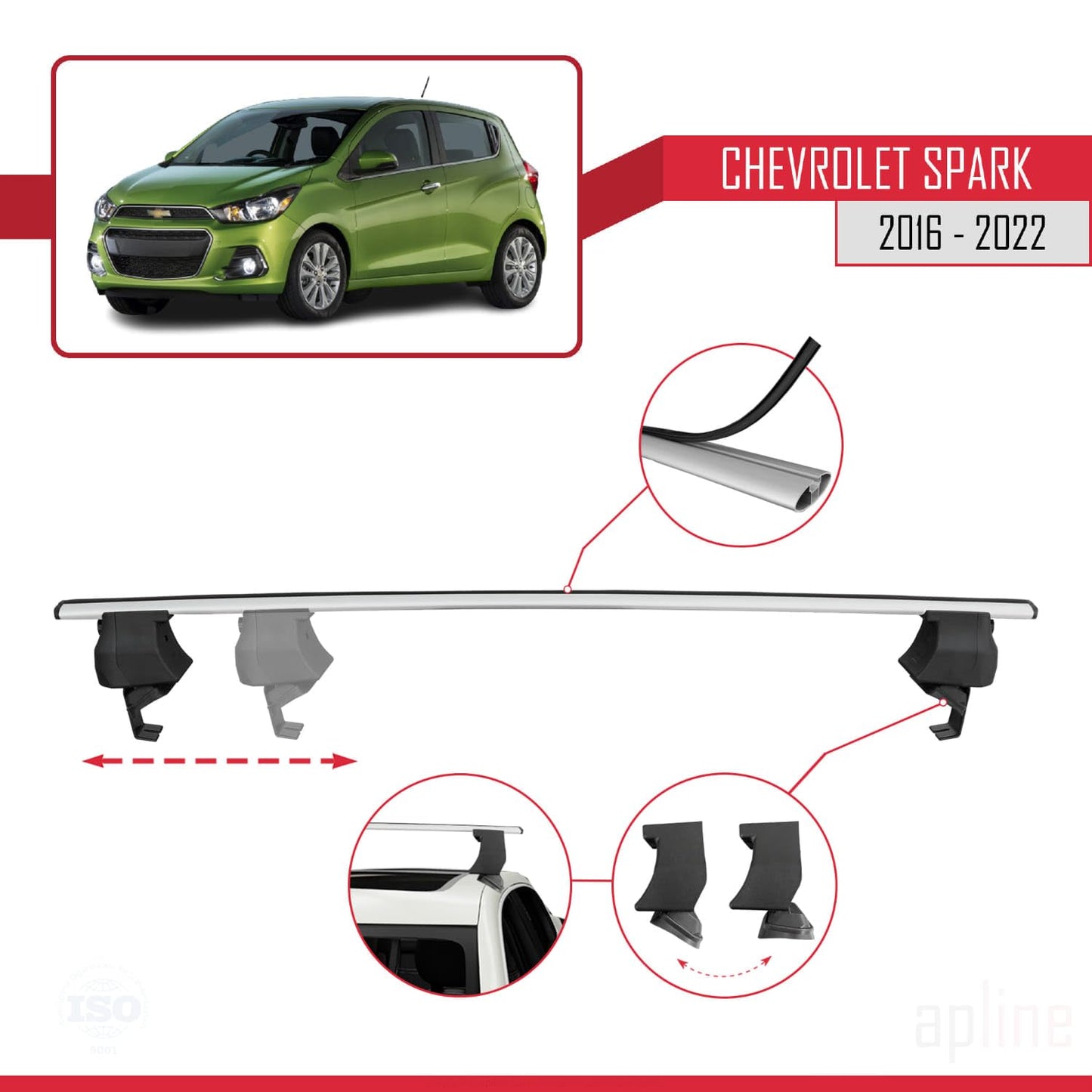 Compatible with Chevrolet Spark (M400) 2016-2022 ACE-4 Car Roof Rack Cross Bar Grey Aluminium 2 Bars