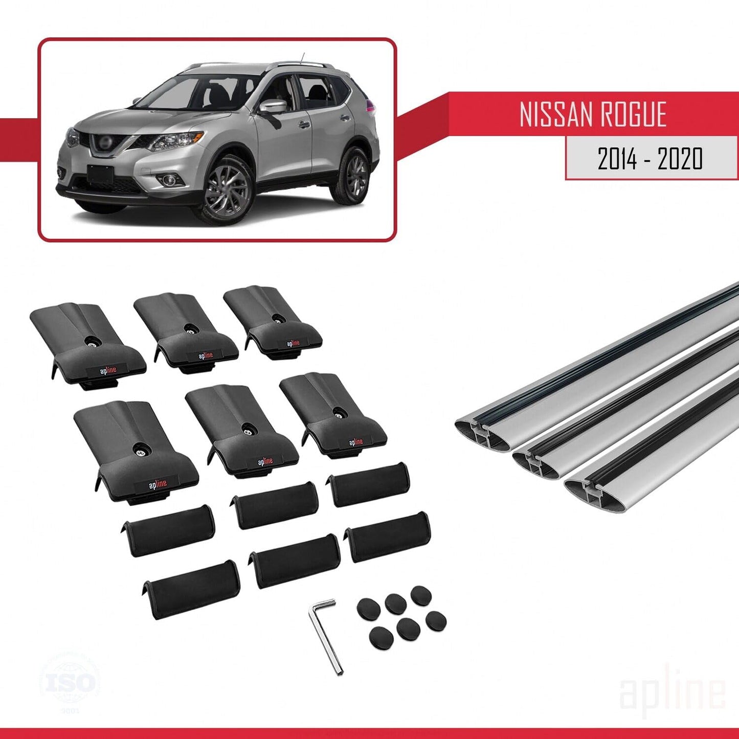 Compatible with Nissan Rogue 2 (T32) 2014-2020 Fly Model Car Roof Rack Cross Bar Grey Aluminium 3 Bars