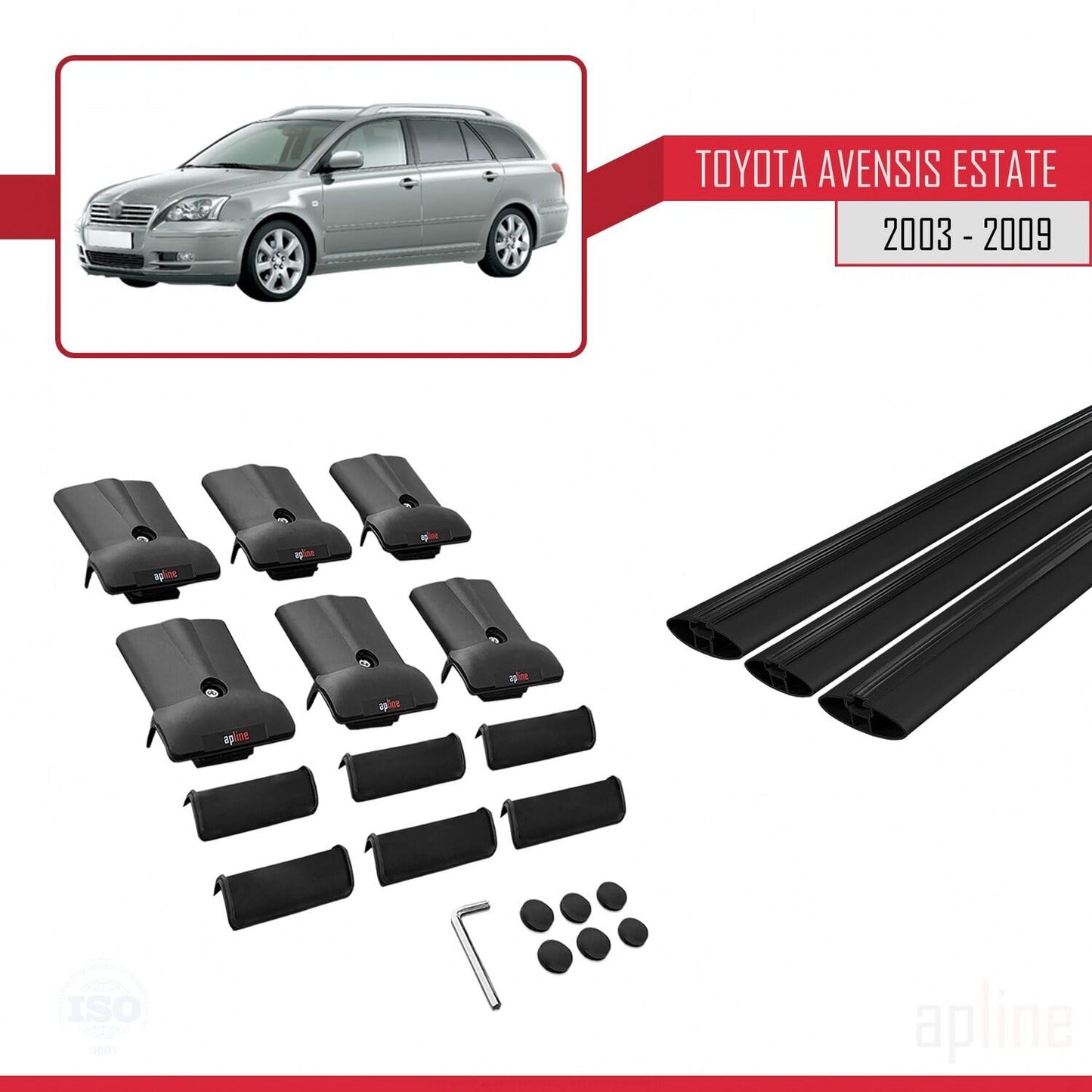 Compatible with Toyota Avensis SW 2003-2009 Fly Model Car Roof Rack Cross Bar Black Aluminium 3 Bars
