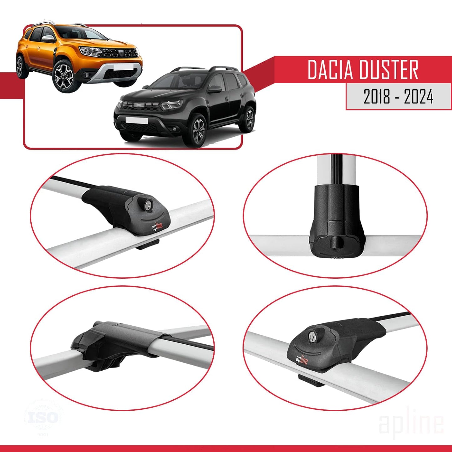 Compatible with Dacia Duster 2 (HM) 2018-2024 ACE-1 Car Roof Rack Cross Bar Grey Aluminium 3 Bars
