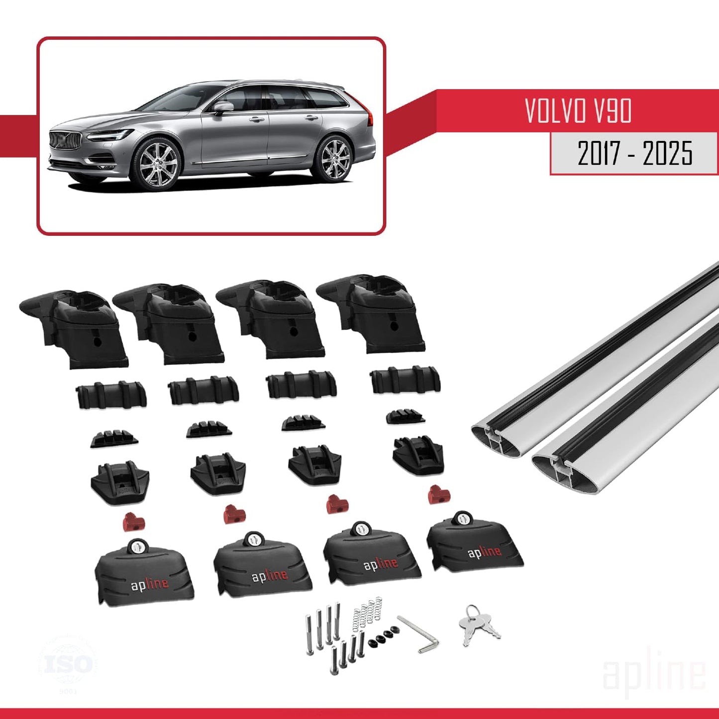 Compatible with Volvo V90 2017-2025 ACE-2 Car Roof Rack Cross Bar Grey Aluminium 2 Bars