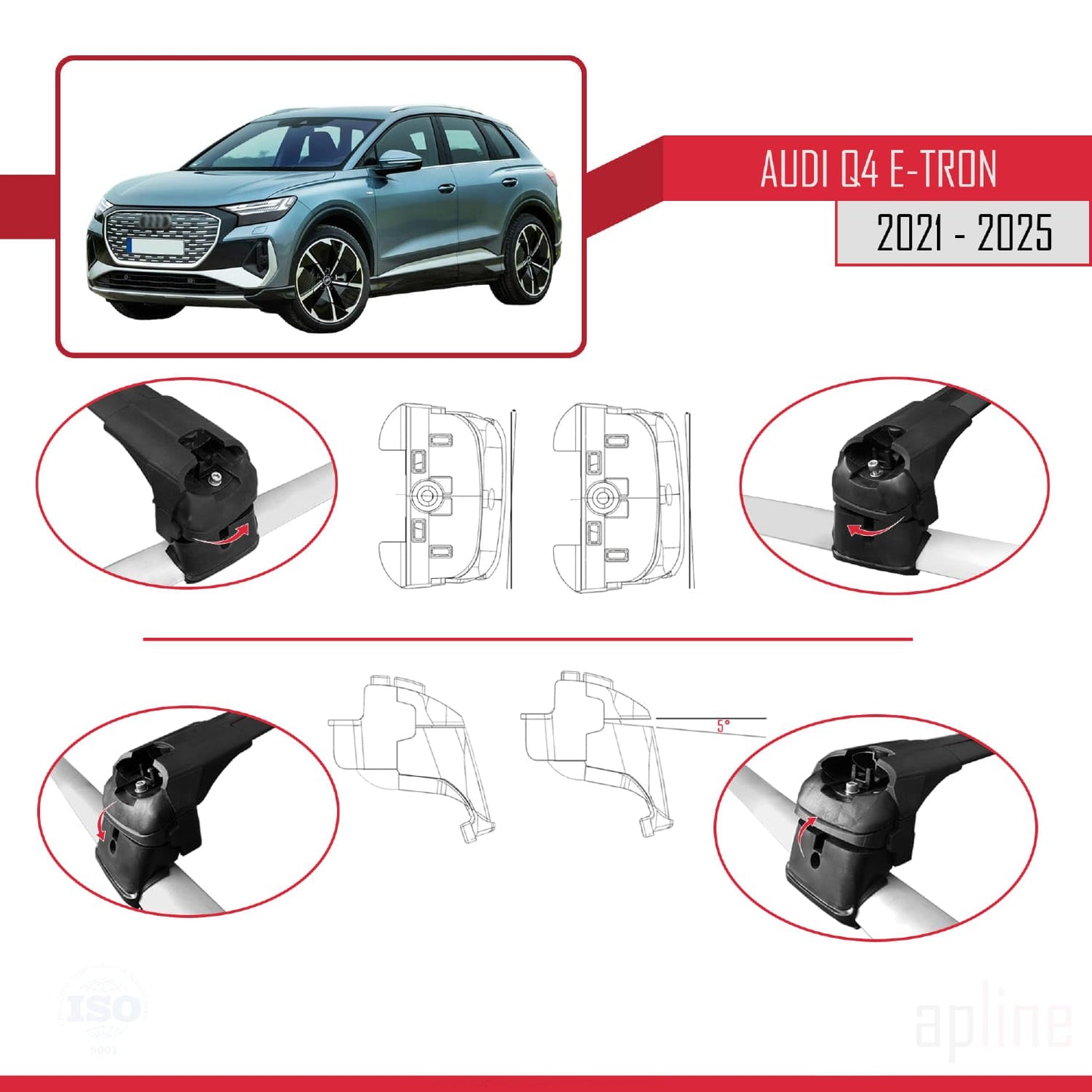 Compatible with Audi Q4 (F4) E-Tron 2021-2025 ACE-2 Car Roof Rack Cross Bar Black Aluminium 2 Bars
