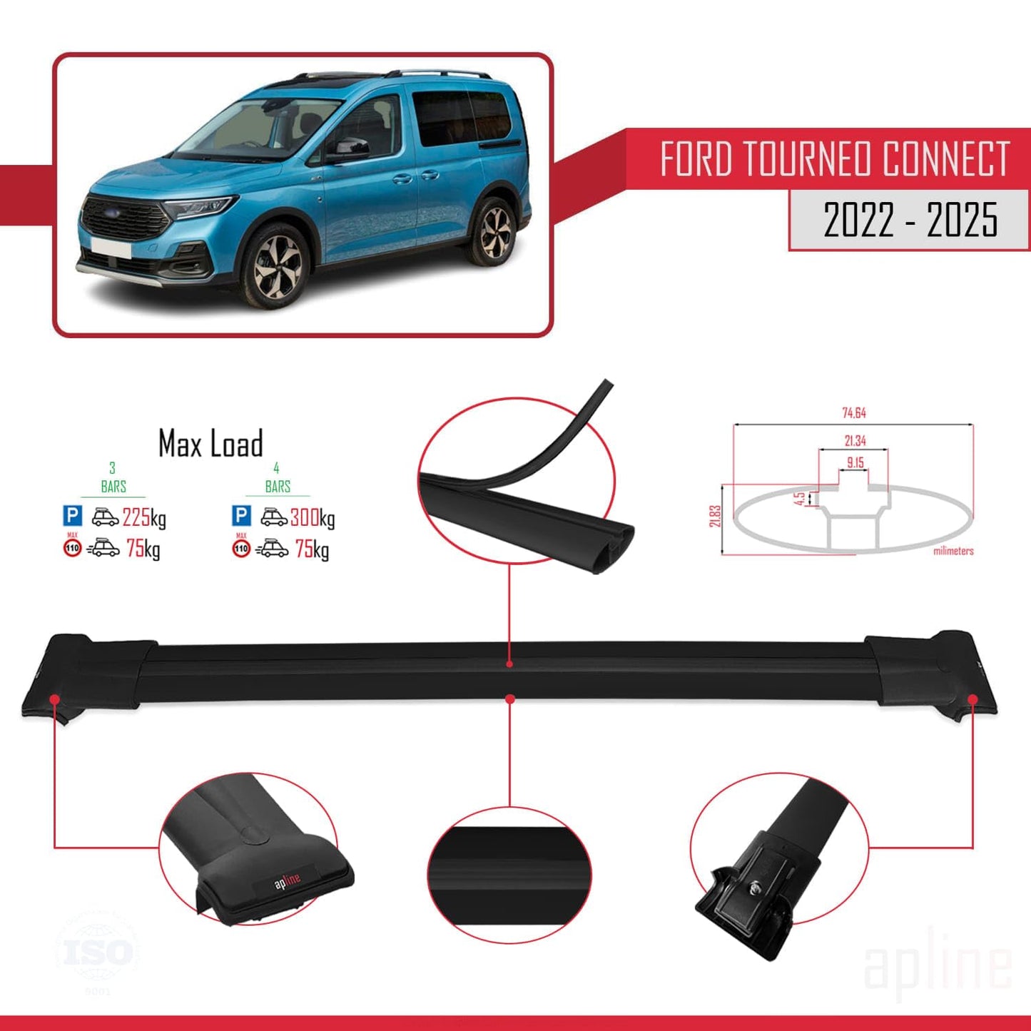 Compatible with Ford Transit/Tourneo Connect 3 2022-2025 Fly Model Car Roof Rack Cross Bar Black Aluminium 3 Bars