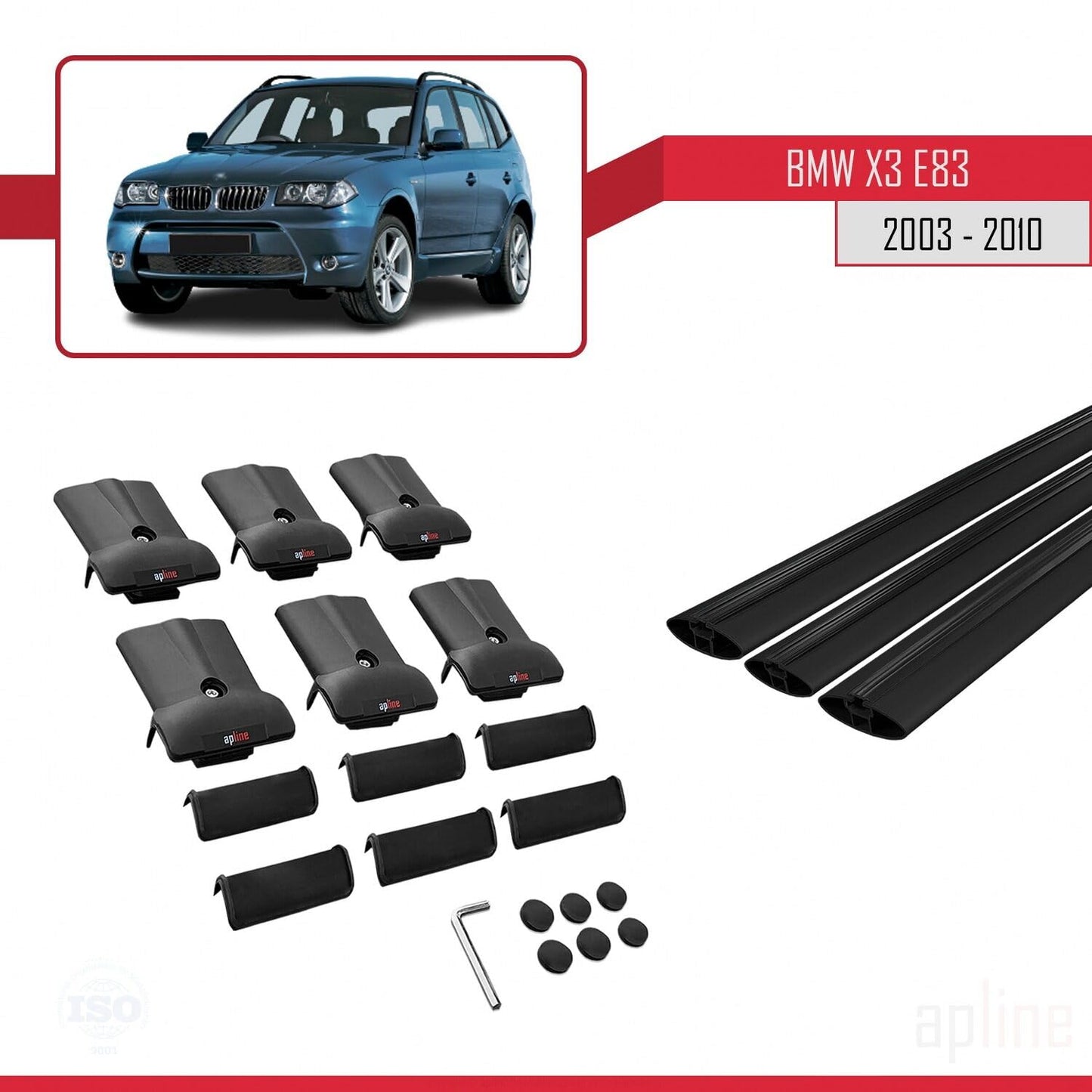 Compatible with BMW X3 (E83) 2003-2010 Fly Model Car Roof Rack Cross Bar Black Aluminium 3 Bars