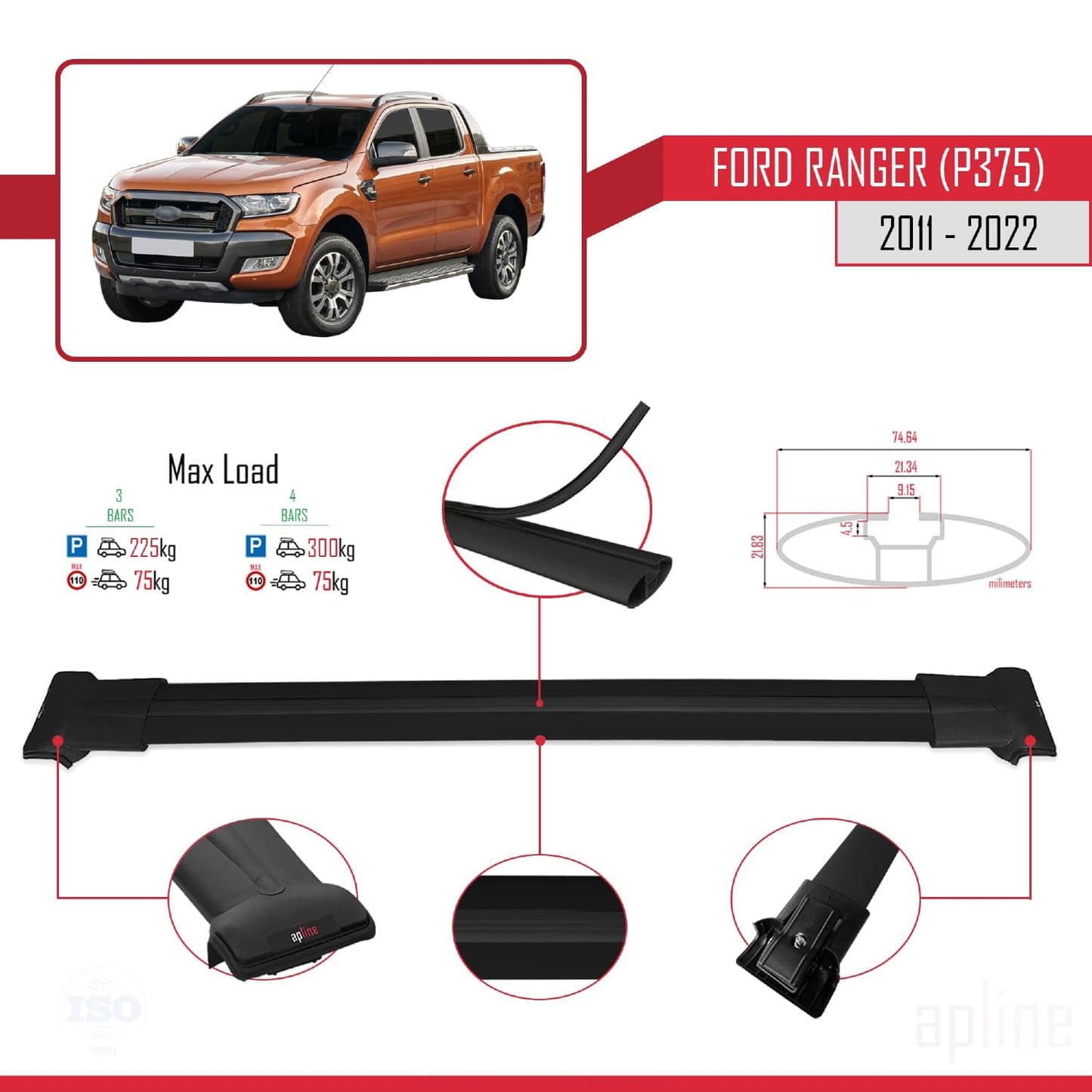 Compatible with Ford Ranger (P375) 2011-2022 Fly Model Car Roof Rack Cross Bar Black Aluminium 3 Bars
