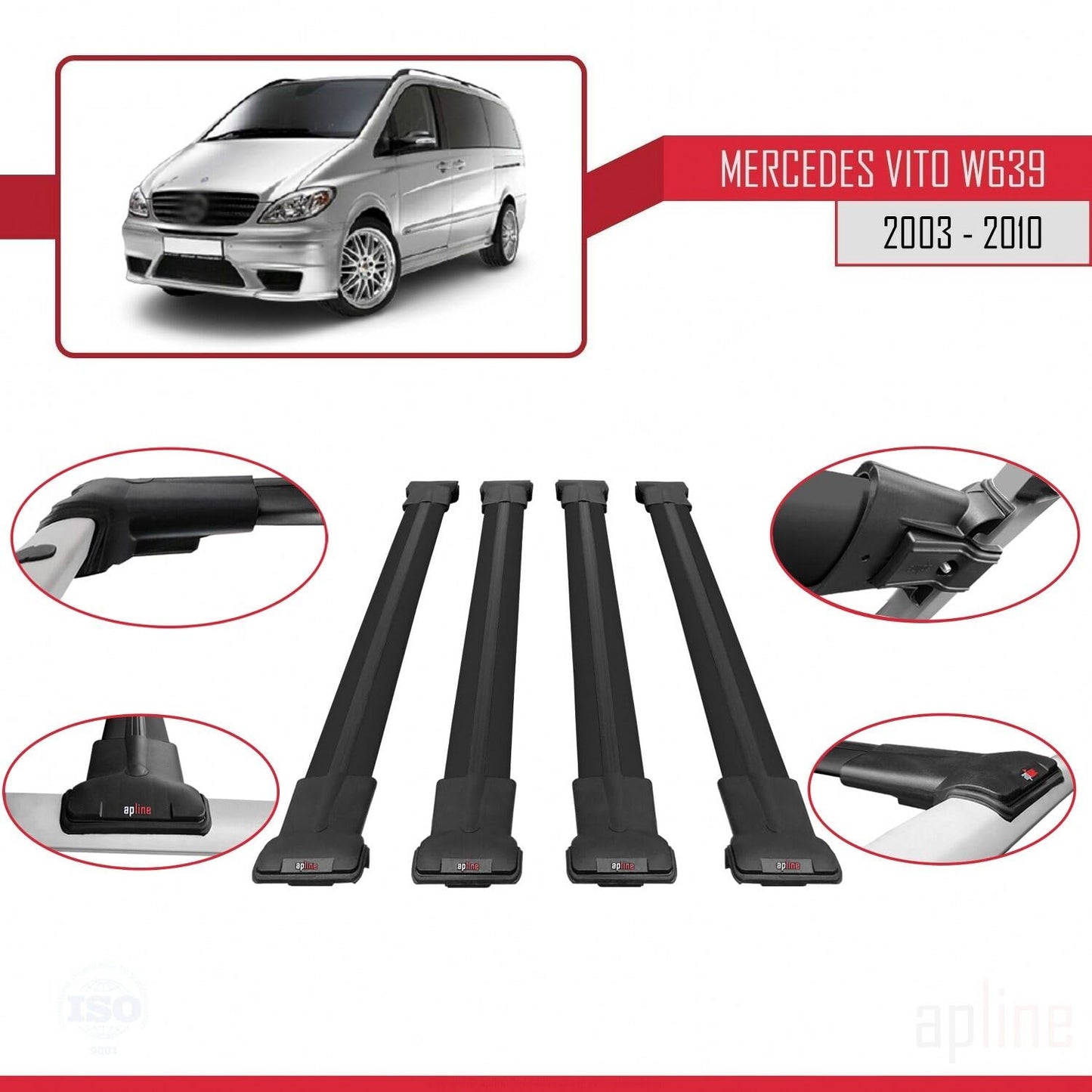 Compatible with Mercedes Vito 2 (W639) Pre-Facelift 2003-2010 Fly Model Car Roof Rack Cross Bar Black Aluminium 4 Bars